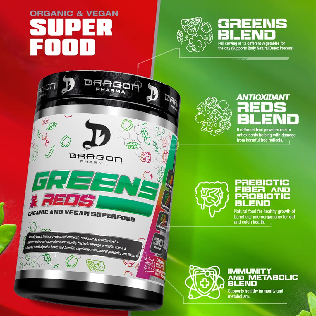 DRAGON PHARMA Greens and Reds, Over 23 Nutritious Superfoods, Reds and Vegetables, Optimal Health and Wellness (30 Servings, Original) DRAGON PHARMA uk supplements