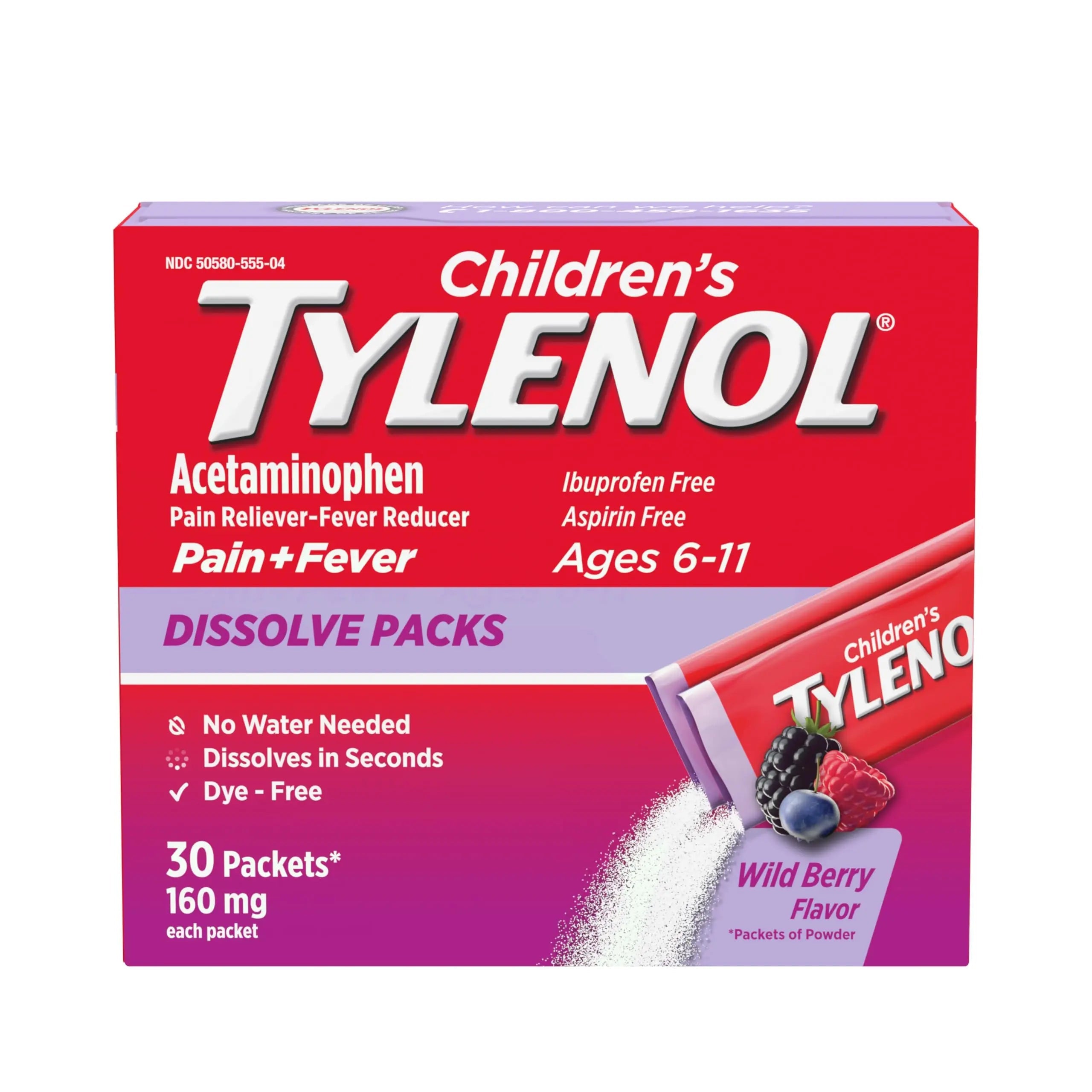 Children's Tylenol Dissolve Packs for Pain Relief, Fever Medication, 160 mg Acetaminophen, Dye Free, Kids' Powder Packets for Cold & Flu Symptom Relief; Wild Berry Flavor, 30 ct.; Pack of 1 Tylenol uk supplements
