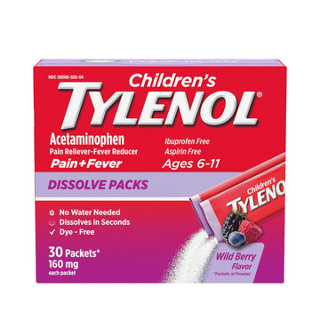 Children's Tylenol Dissolve Packs for Pain Relief, Fever Medication, 160 mg Acetaminophen, Dye Free, Kids' Powder Packets for Cold & Flu Symptom Relief; Wild Berry Flavor, 30 ct.; Pack of 1 Tylenol uk supplements