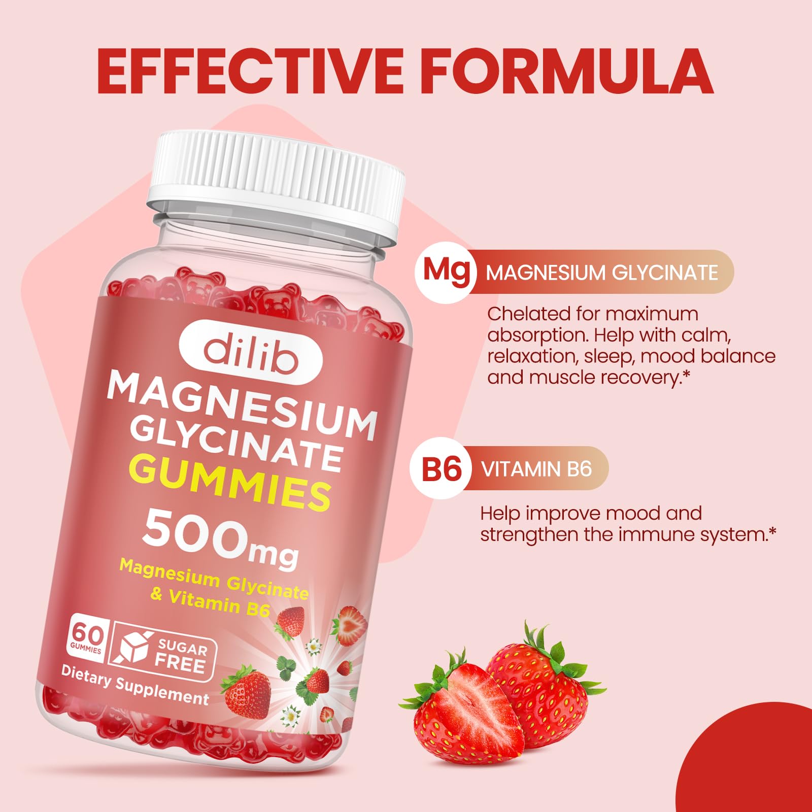 Magnesium Glycinate Gummies 500mg - Magnesium Supplement with Vitamin B6 for Adults & Magnesium for Kids - Calm Magnesium for Sleep, Mood, Muscle Support - Strawberry Flavor, 60 Gummies dilib uk supplements