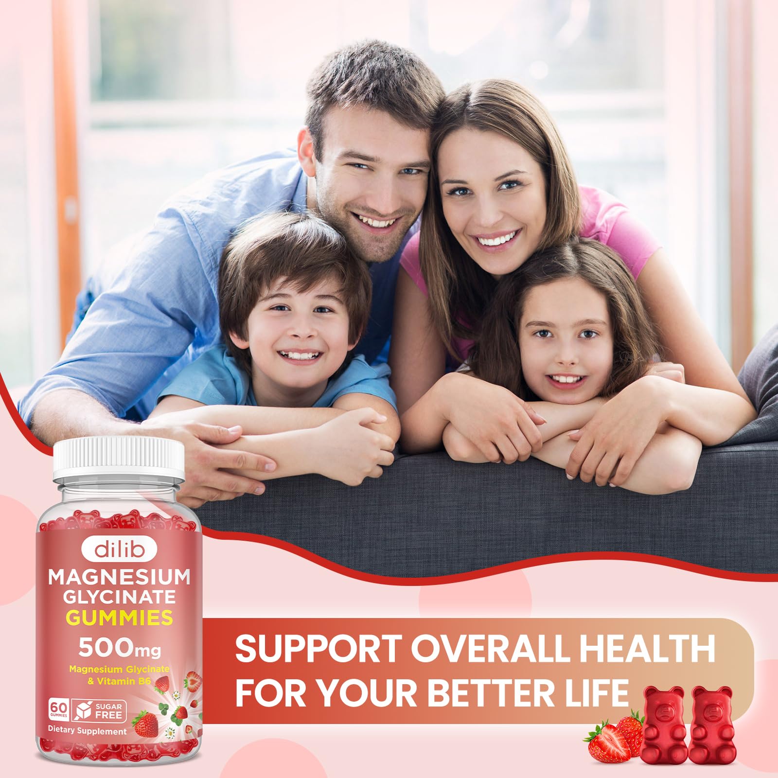 Magnesium Glycinate Gummies 500mg - Magnesium Supplement with Vitamin B6 for Adults & Magnesium for Kids - Calm Magnesium for Sleep, Mood, Muscle Support - Strawberry Flavor, 60 Gummies dilib uk supplements