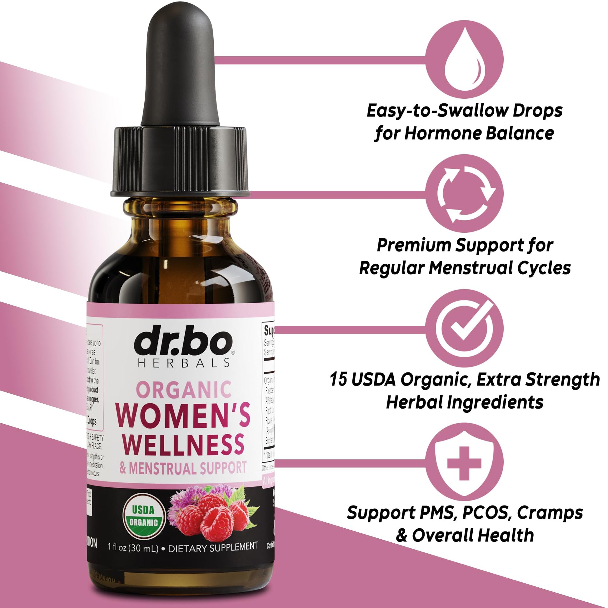 Hormone Balance for Women & PMS Relief - Women's Wellness Organic Hormonal Balance Supplements Liquid Drops & Menstrual Cramp Period Support - Raspberry Leaf, Chasteberry, Black Cohosh Supplement 1 Oz DR. BO uk supplements
