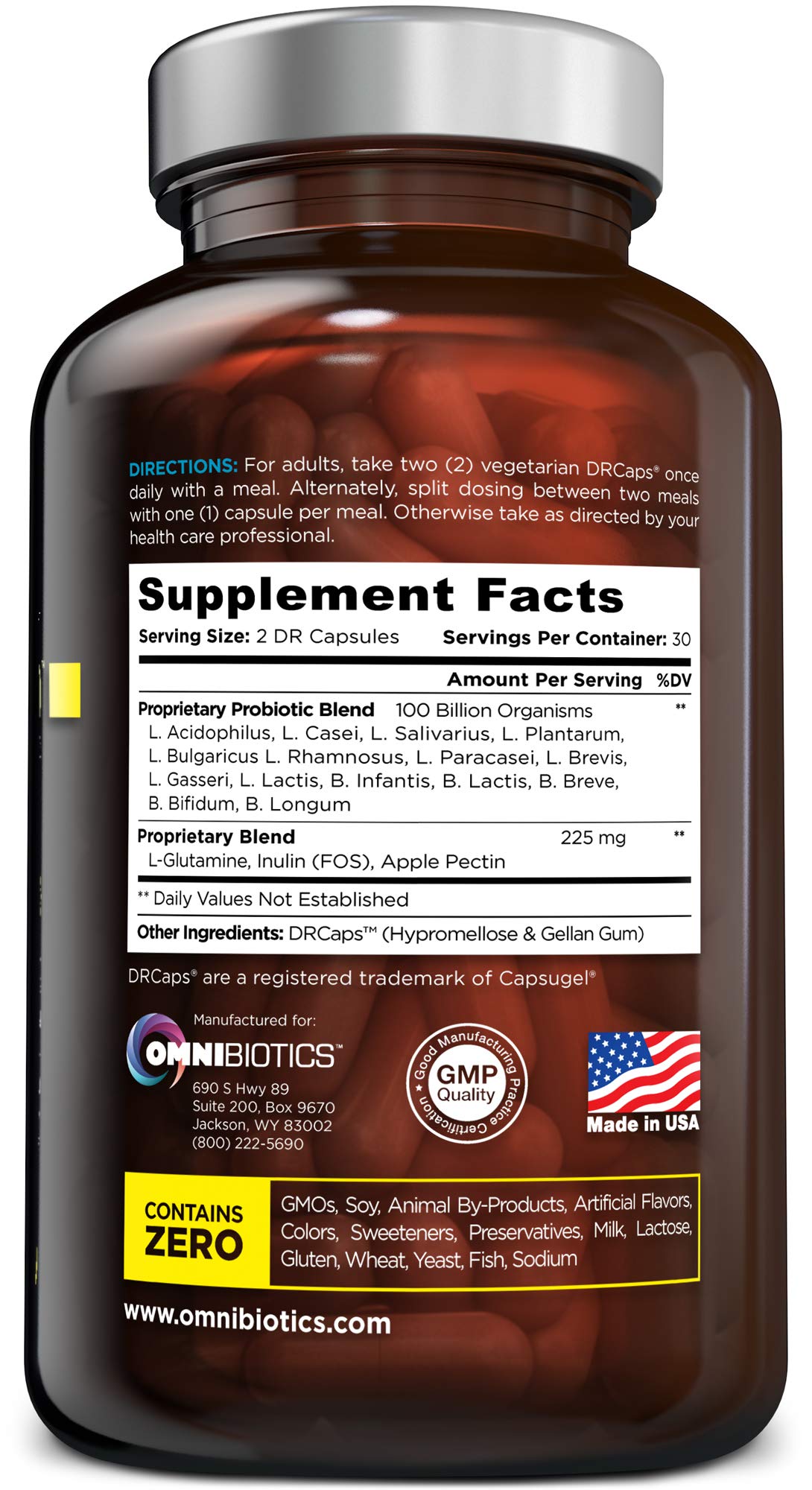 100 Billion Probiotics - 15-Strain Probiotic for Women & Men, DRCaps Delayed Release, Prebiotics, L-Glutamine, Apple Pectin, Gut Lining Support, Shelf Stable, Non-GMO, 60 Vegan Capsules for Adults OmniBiotics uk supplements