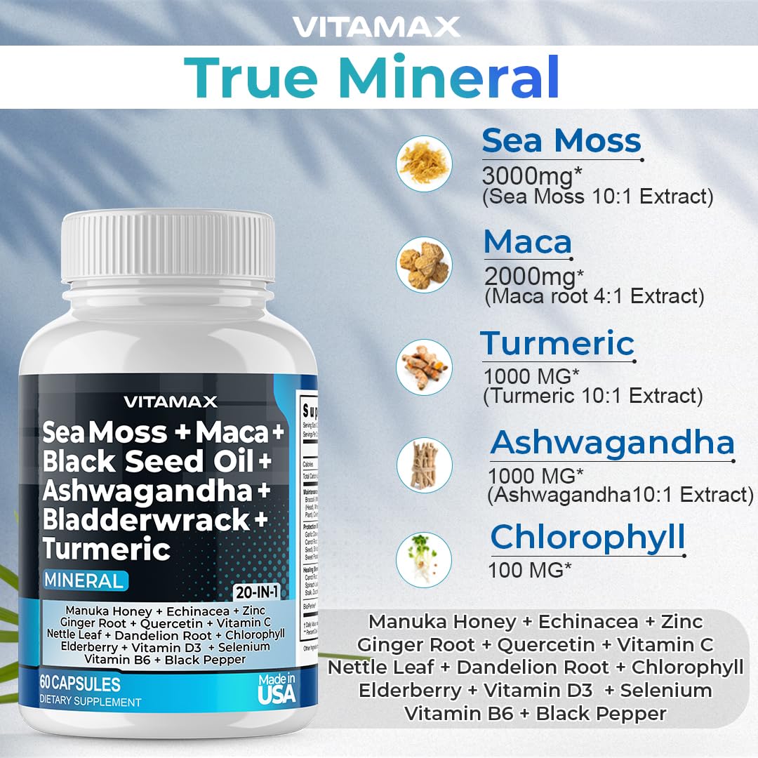 Sea Moss 3000mg Maca 1000mg Black Seed Oil 2000mg Ashwagandha 1000mg Bladderw Vitamax uk supplements