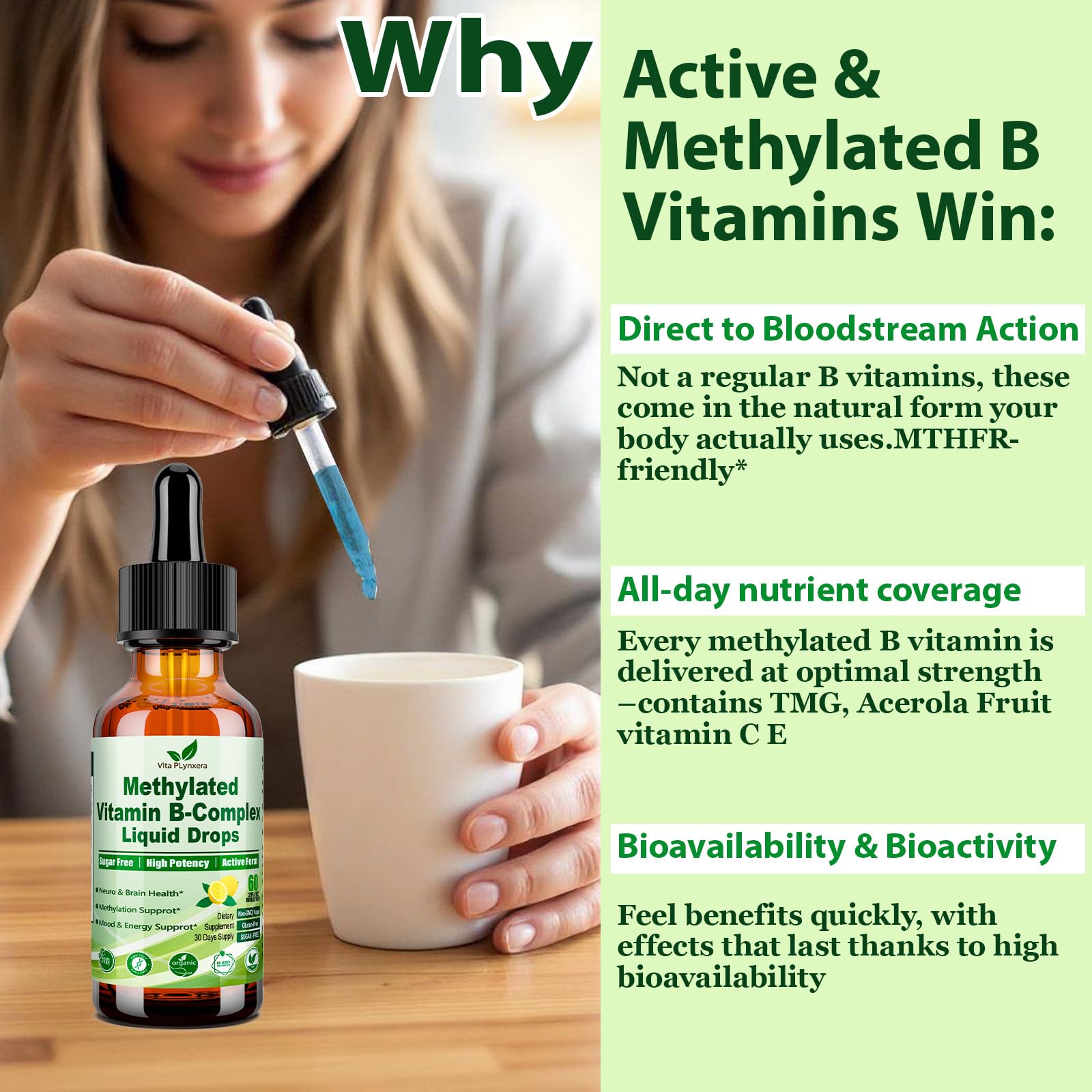 Methylated B Complex Liquid Drop Complete 9-in-1 Methyl B Vitamins w. B12 Methylfolate Inositol Choline TMG Vitamin C E, Super B-Complex Methylated for MTHFR Support, Energy Mood Nerve & Brain Health1 Vita PLynxera uk supplements