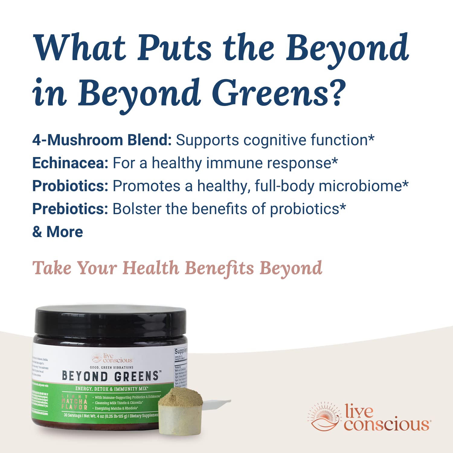 Live Conscious Beyond Greens Superfood Powder - Delicious Debloating Super Greens Powder - Matcha Greens Blend w/Chlorella, Echinacea, Probiotics for Immune Support & Energy Live Conscious uk supplements