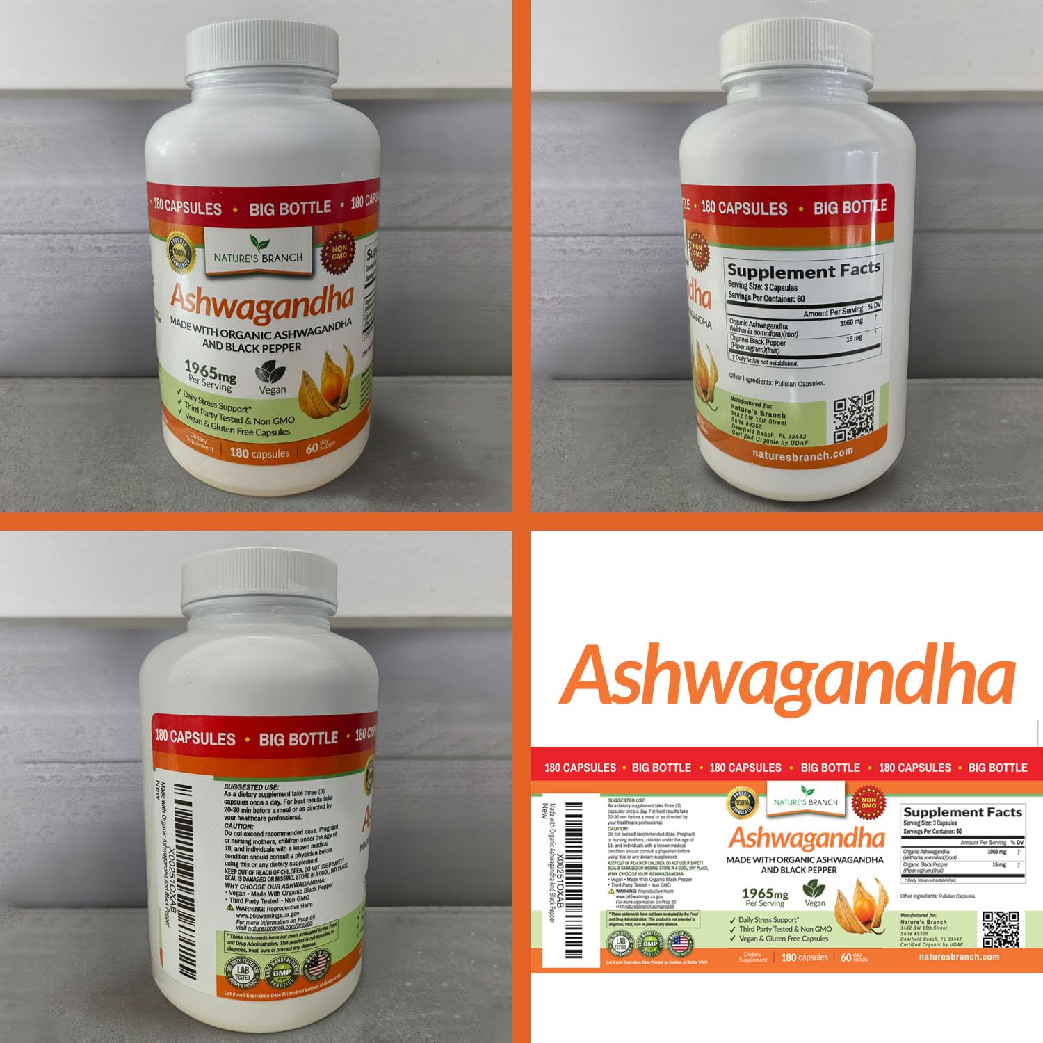 UDAF Certified Organic Ashwagandha with Black Pepper, 1965mg - Extra Strength for Stress, Sleep, Mood, Thyroid, Energy, Hair, Vegan Pure Root Extract Powder Supplement for Men and Women | 180 Capsules NATURE'S BRANCH uk supplements