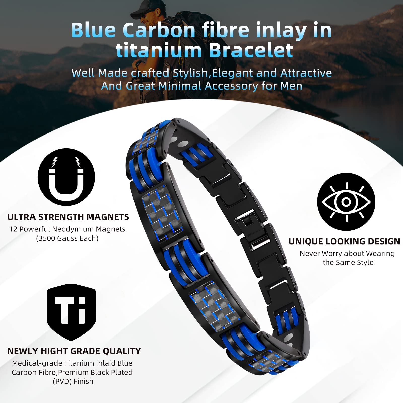 JEROOT Magnetic Bracelets for Men, Blue Carbon Fiber Pure Titanium Magnetic Bracelet JEROOT uk supplements