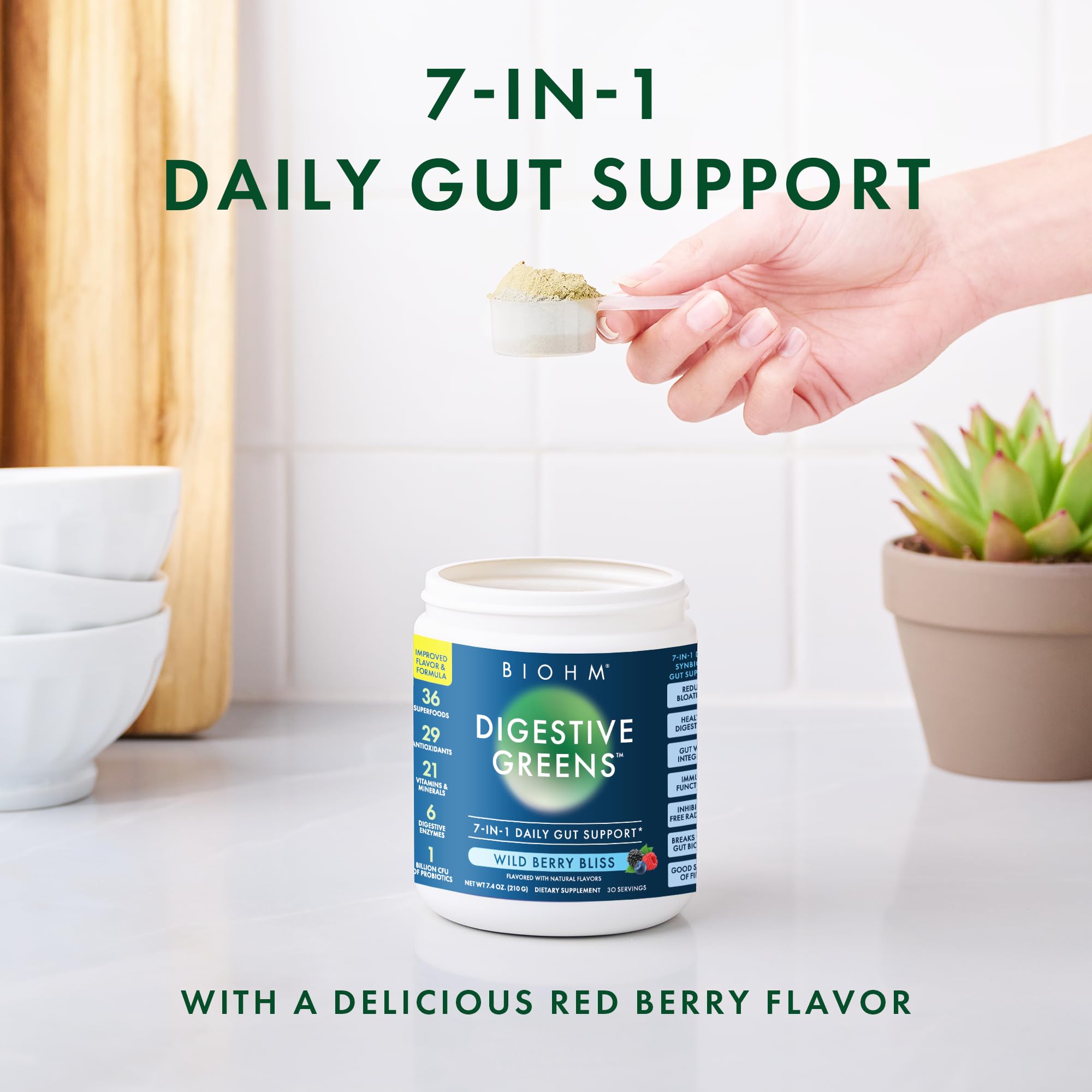 BIOHM Digestive Greens, Green Superfood Powder (7.4 Oz, 30 Servings) Immune & Gut Health Support with Antioxidants, Vitamins, Probiotics & Enzymes, Good Source of Fiber, Berry Flavor BIOHM uk supplements