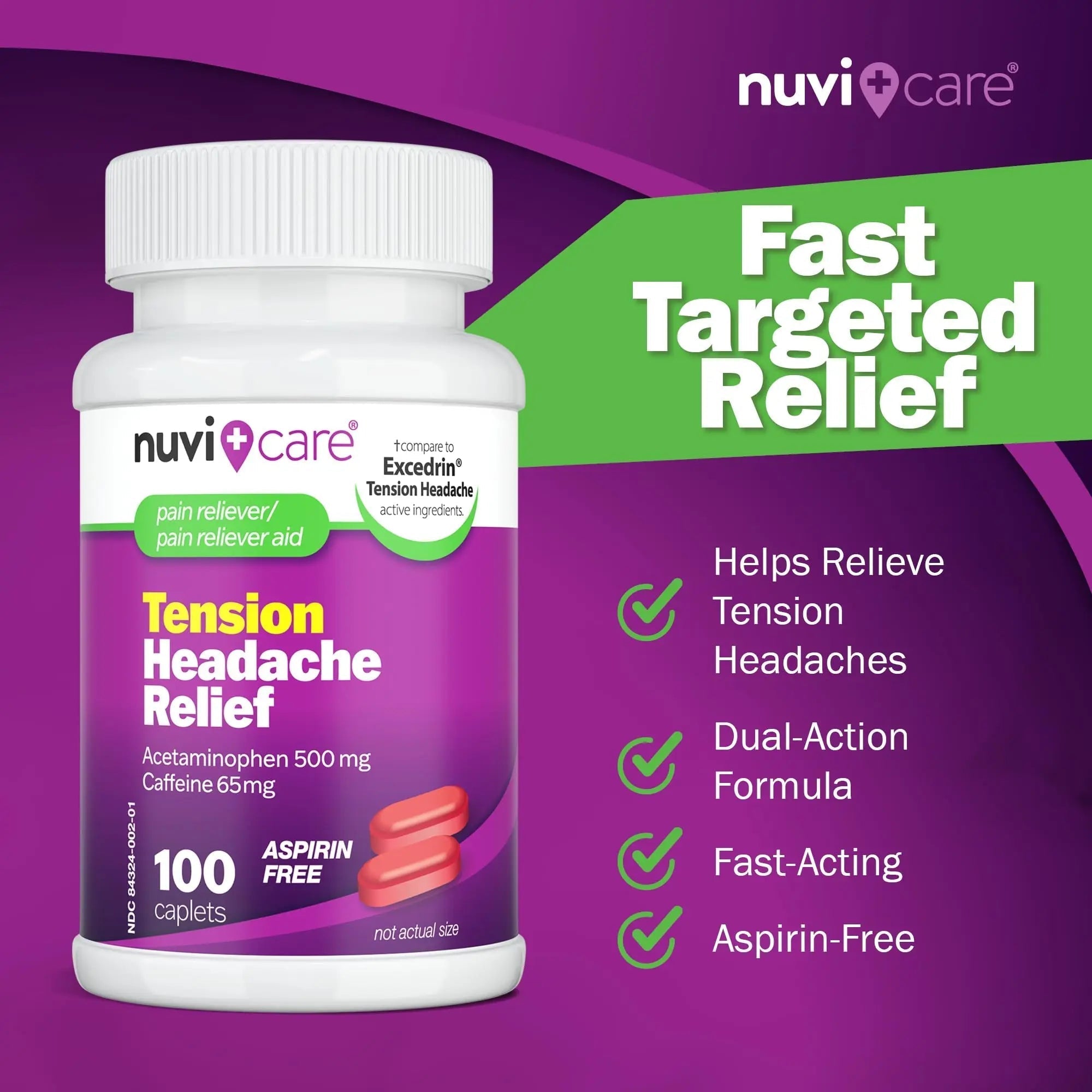Nuvicare Tension Headache Relief Pills with 500mg Acetaminophen and 65mg Caffeine - Non Aspirin Pain Reliever Aid - Compare to Active Ingredient in Aspirin Free Excedrin Tension Headache (100 Caplets) NUVICARE uk supplements