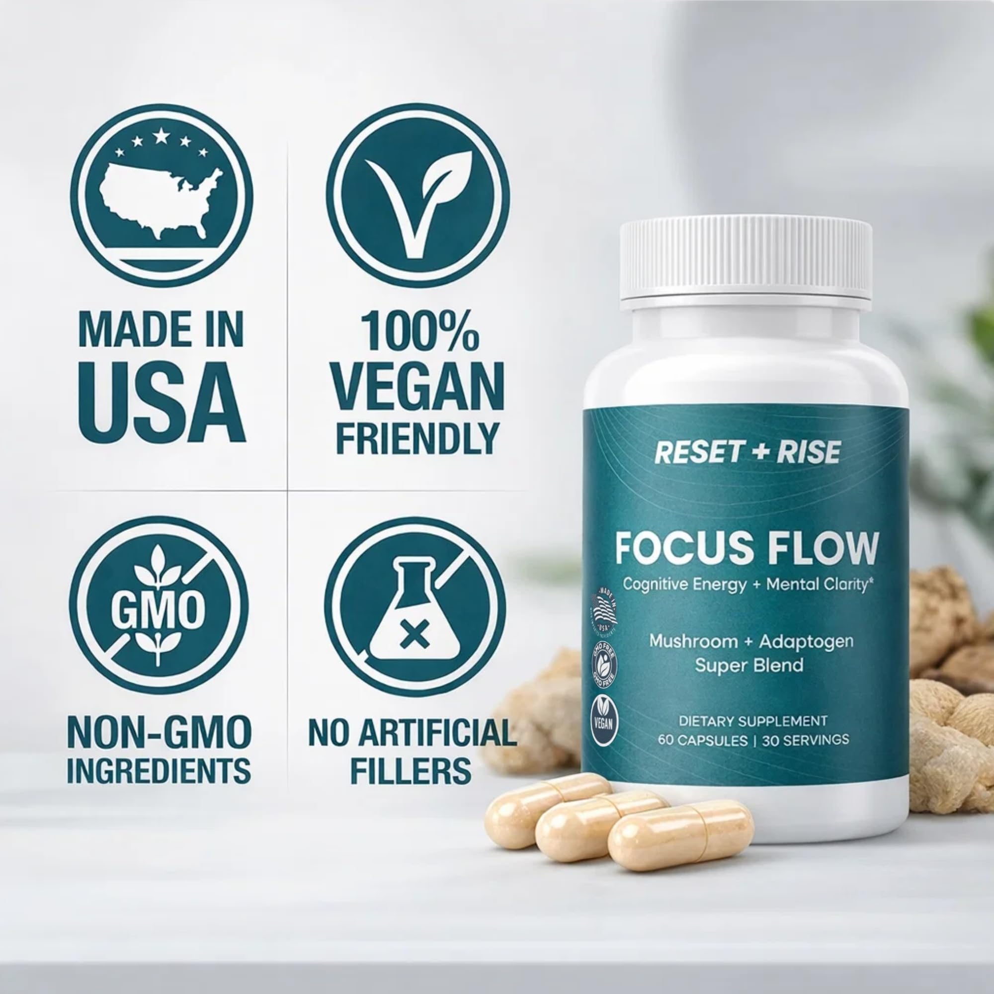 Nootropic Brain Supplement with Lion’s Mane Mushroom, Cordyceps & Rhodiola Rosea Extract - Focus and Energy Supplement, Adaptogen for Brain Health, Mental Clarity, Memory & Mood Support - 60 Capsules Reset+Rise uk supplements