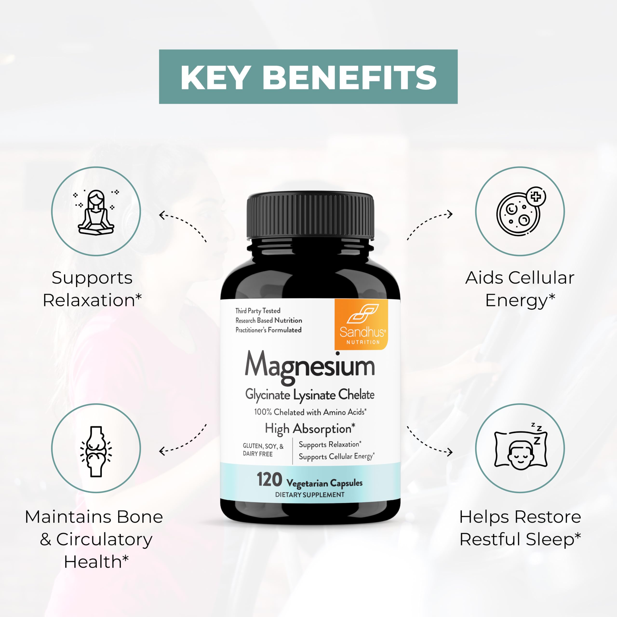 Sandhu's Magnesium Glycinate Lysinate | 120 Easy to Swallow Chelated Vegan Capsules | Magnesium Lysine Chelate Supplement for High Absorption | for Best Sleep, Leg Cramps, Relaxation Sandhu's uk supplements