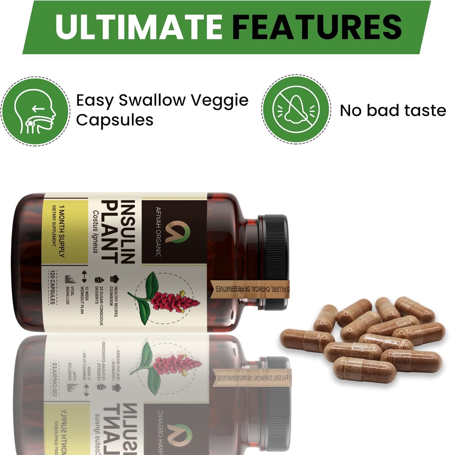 Afiyah Organic - Premium Quality Costus Igneus (Insulin Plant) Capsules - Easy to Swallow 120 Veggie Capsules (1 Month Supply) - Made in the USA - Including Complete Health Support Program Afiyah Organic uk supplements