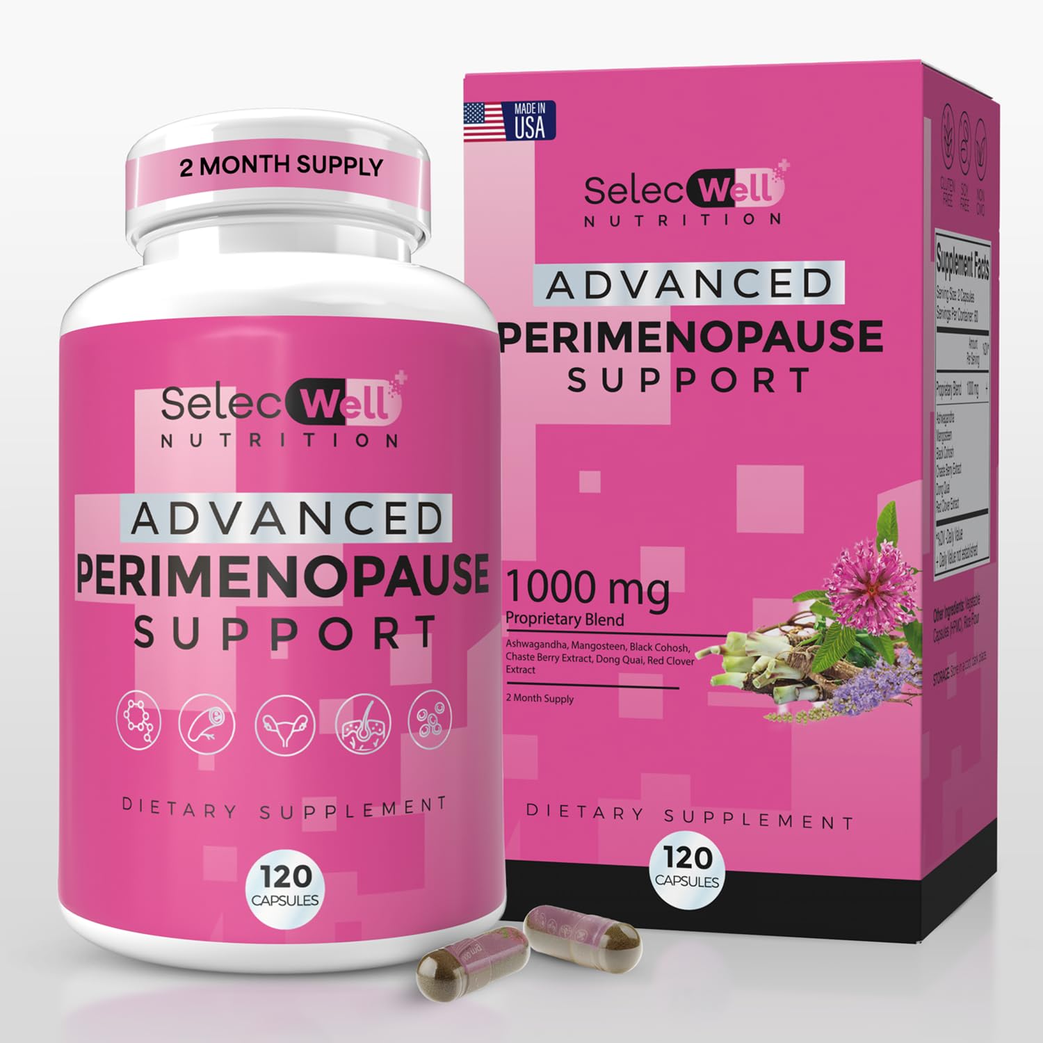 Perimenopause & Menopause Support Supplement for Women – Multi‑Symptom Relief with Black Cohosh & Red Clover Isoflavones | Ashwagandha Adaptogen & Herbal Blend | Hormone Balance Support | 120 Capsules SelecWell uk supplements