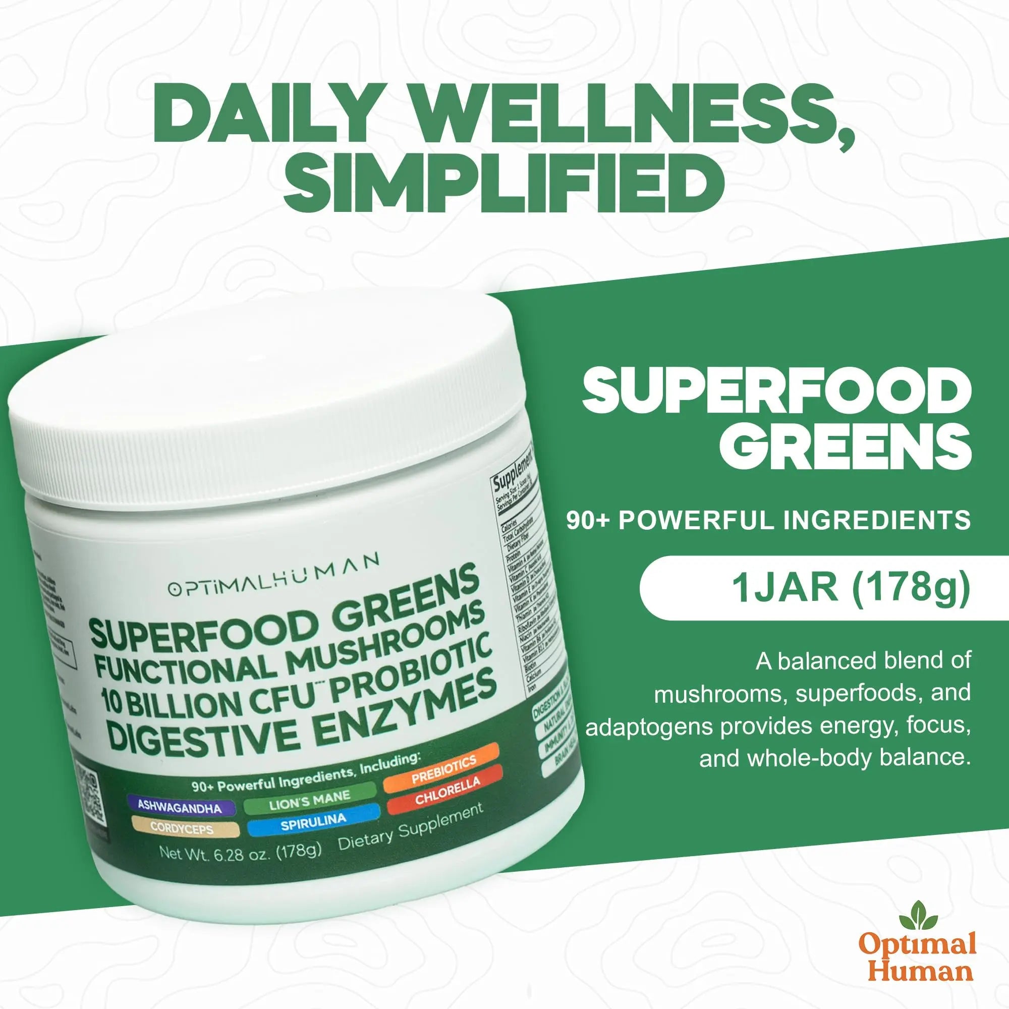 Optimal Human Superfood Greens Powder – 90+ Ingredient Blend with Lion’s Mane Supplement, Ashwagandha & Turmeric O H uk supplements