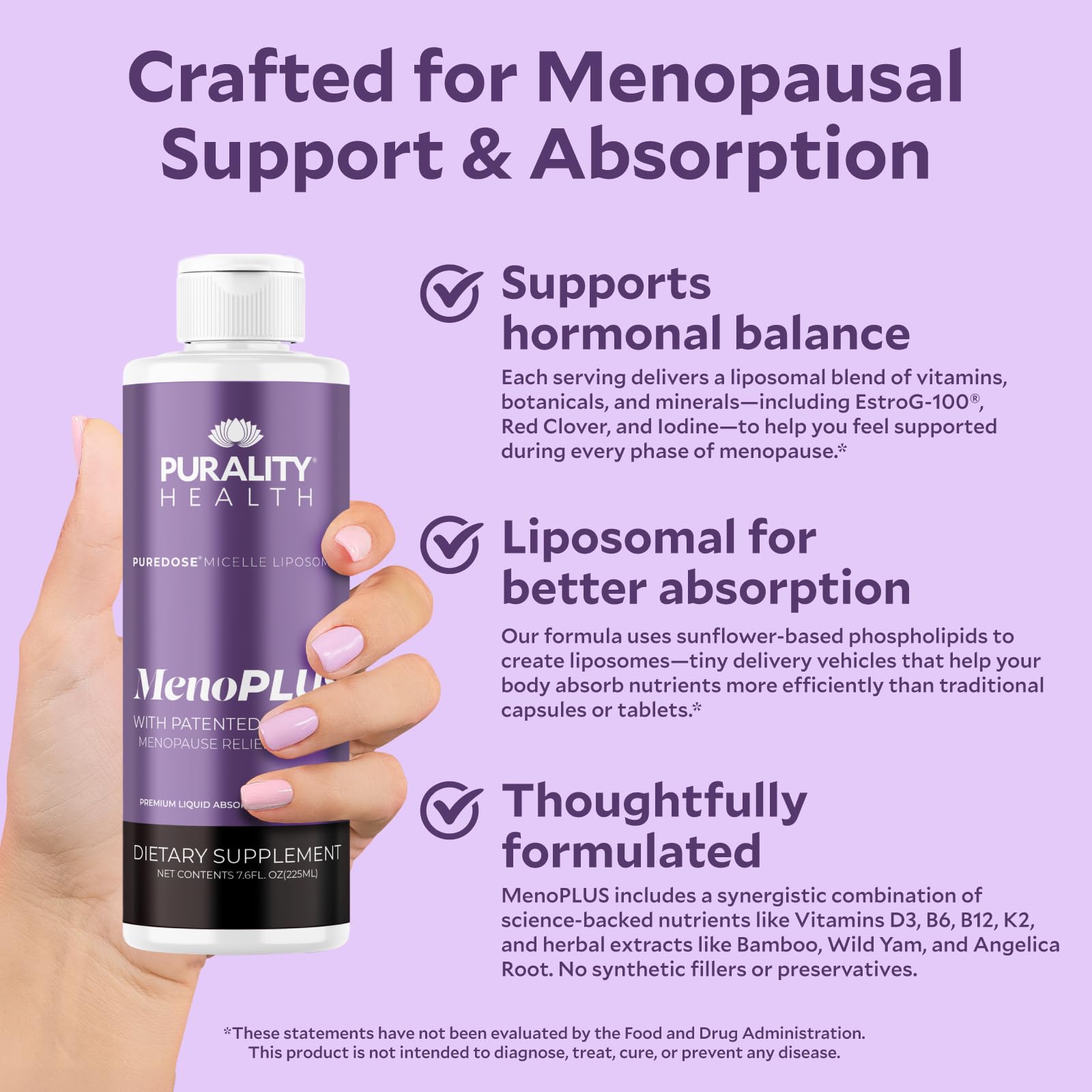 PURALITY HEALTH MenoPLUS Liposomal Menopause Supplement for Women | EstroG-100®, Vitamins D3, B6, B12 & K2 | Iodine | Hormonal Balance & Mood Support PURALITY HEALTH uk supplements