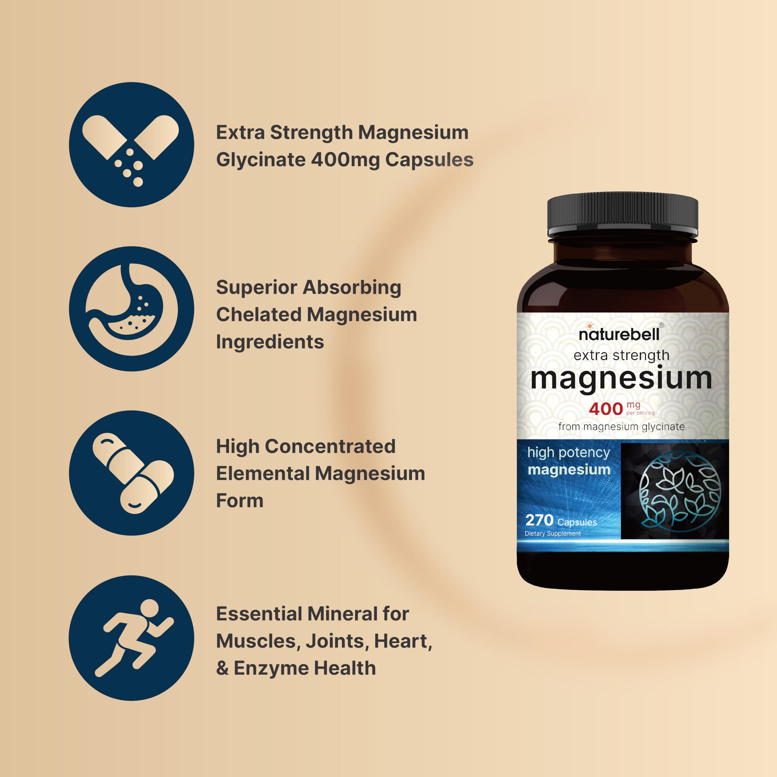 NatureBell Magnesium Glycinate 400mg Elemental, 270 Capsules | 100% Chelated for High Absorption | Supports Muscle, Bone & Heart Health | Non-GMO, Gluten-Free, Vegan NatureBell uk supplements
