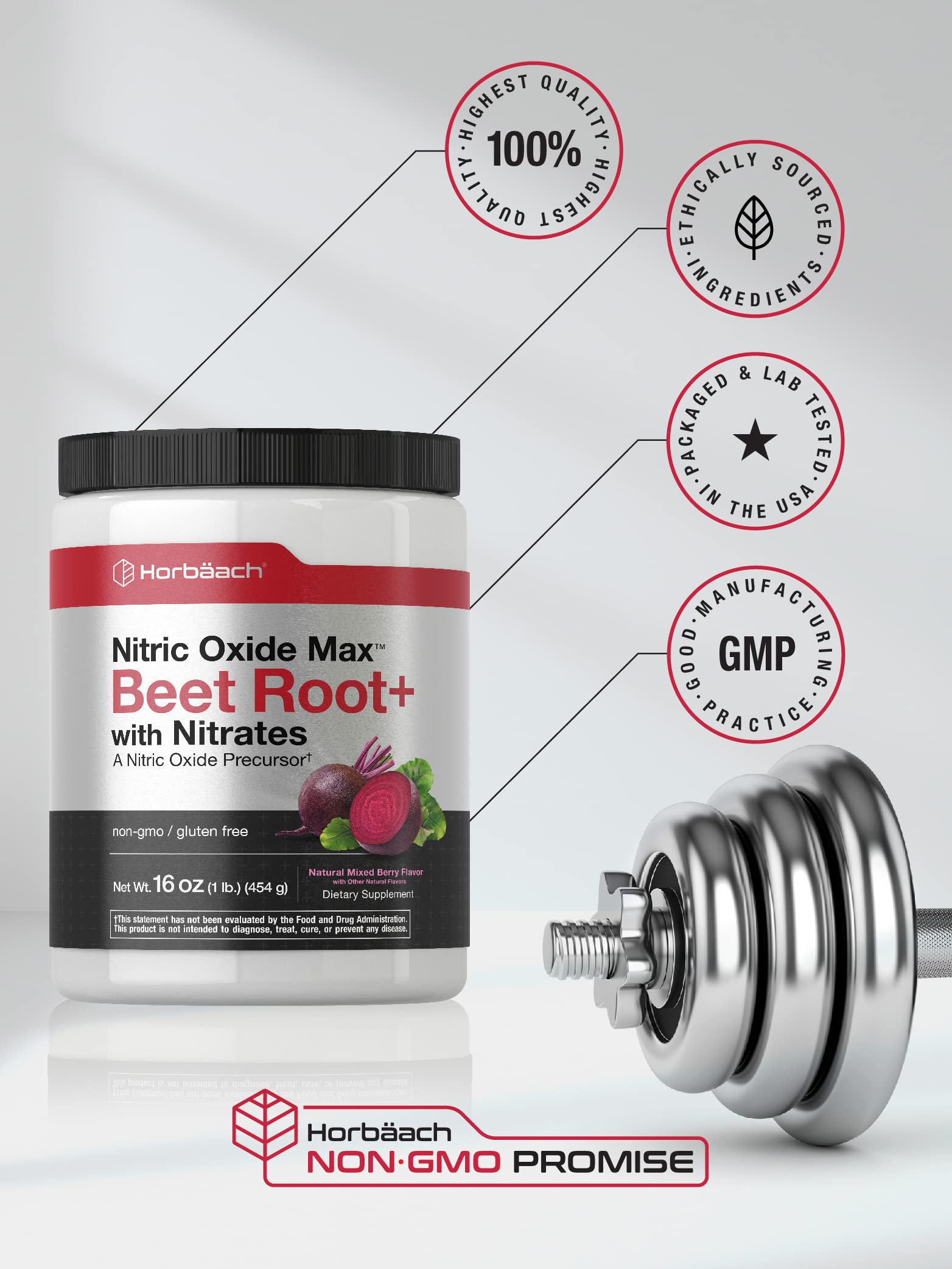 Nitric Oxide Beet Root Powder | 16 oz (454g) | Natural Mixed Berry Flavor | with Nitrates Horbäach uk supplements