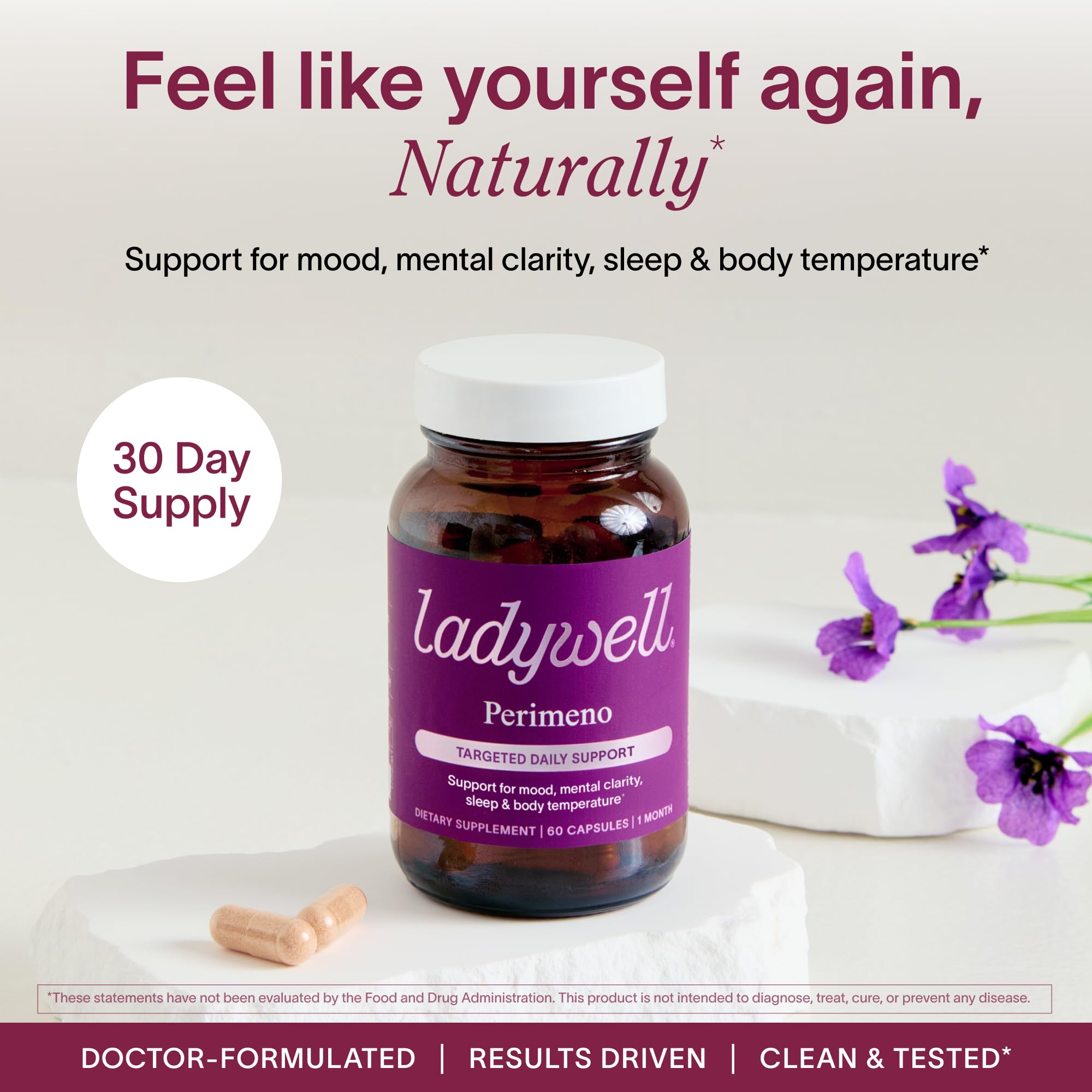 Ladywell Perimeno - Perimenopause Support - Support for Mood, Mental Clarity, Sleep & Hot Flashes - Black Cohosh, Reishi, Wild Yam, Holy Basil, Schisandra, Rhodiola, Siberian Rhubarb / 60 Veg Caps Ladywell uk supplements