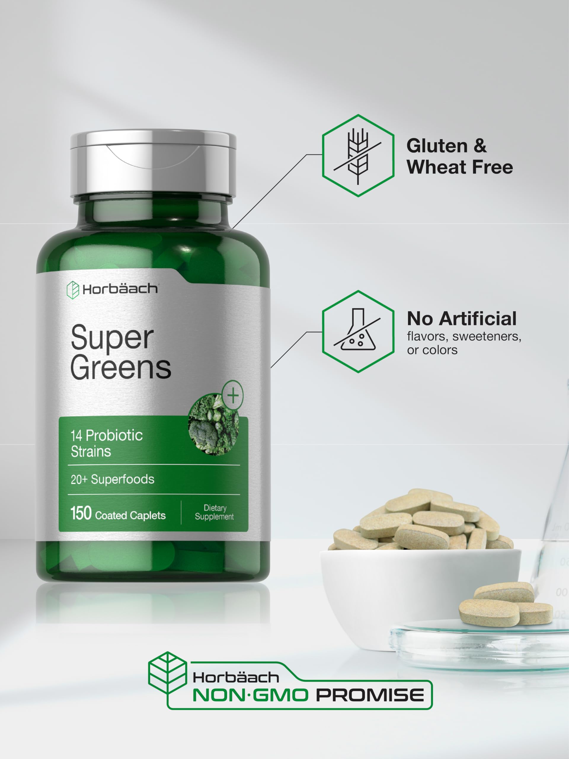 Horbäach Super Greens Supplement with Probiotics | 150 Caplets | Non-GMO, and Gluten Free Horbäach uk supplements