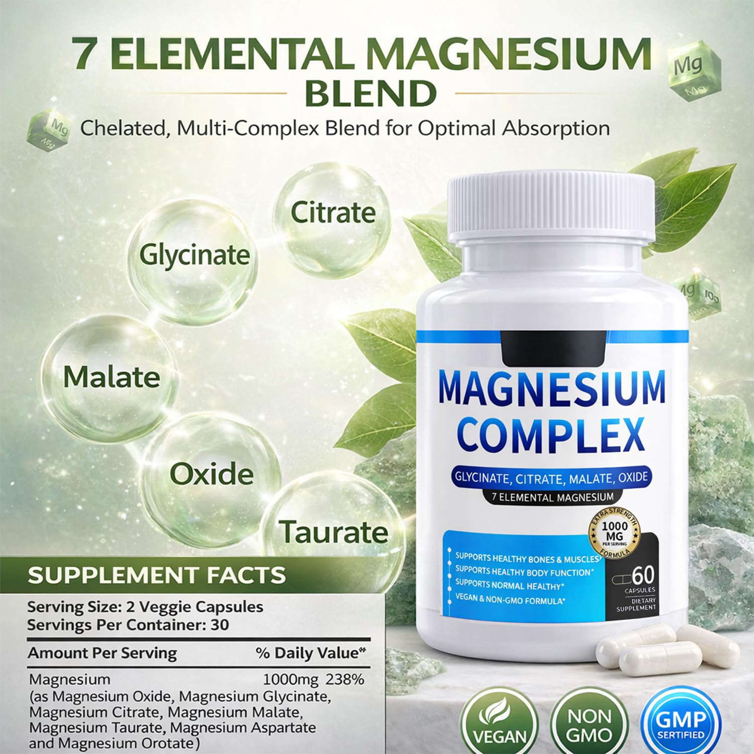 Magnesium Complex for Women & Men 1000mg — 7-in-1 Magnesium (Glycinate, Citrate & Malate) for Sleep Support, Stress Relief, Muscle Recovery — Vegan, 60 Capsules ElixAid uk supplements