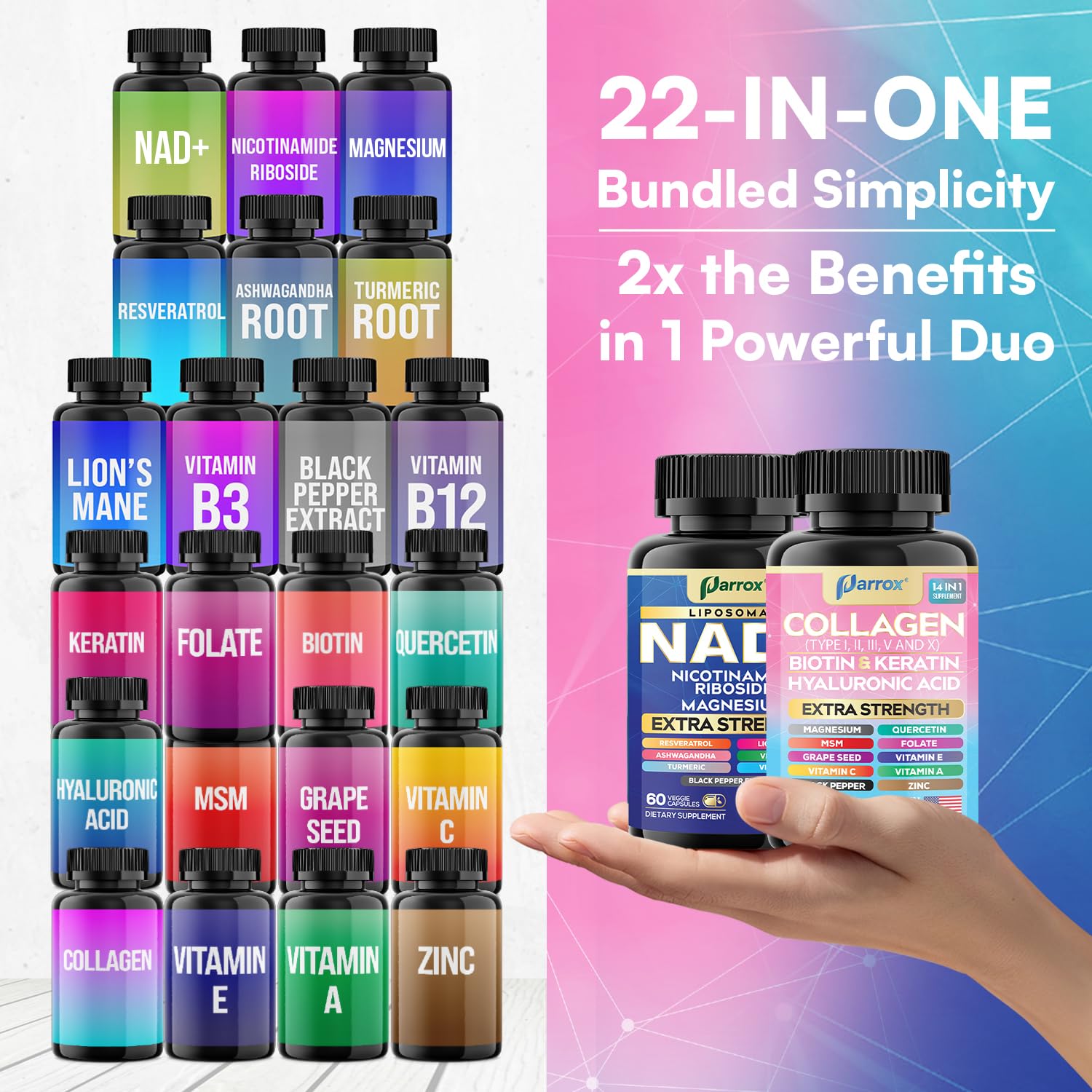 Parrox Forever Young Set with Liposomal NAD, Nicotinamide Riboside, Magnesium, Resveratrol, Lion's Mane, Collagen Peptides Types I, II, III, V and X, Biotin & Keratin, Hyaluronic Acid, Zinc, Quercetin Parrox uk supplements