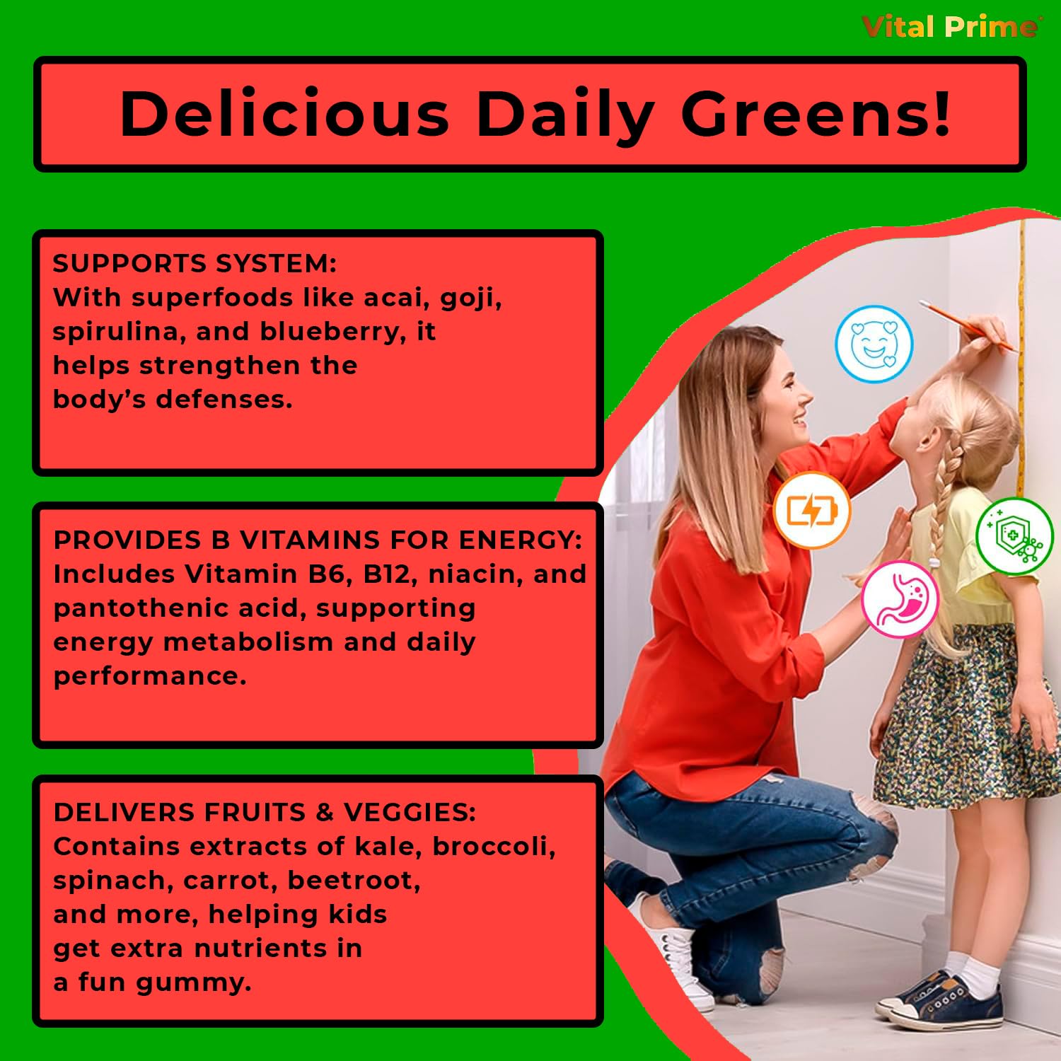 FourRoar Vital Prime Super Green Gummies for Kids 90 Count Strawberry & Watermelon Flavor | Fruit and Vegetable Gummies | Vegan Veggies Gummy Multivitamin for Kids FourRoar uk supplements