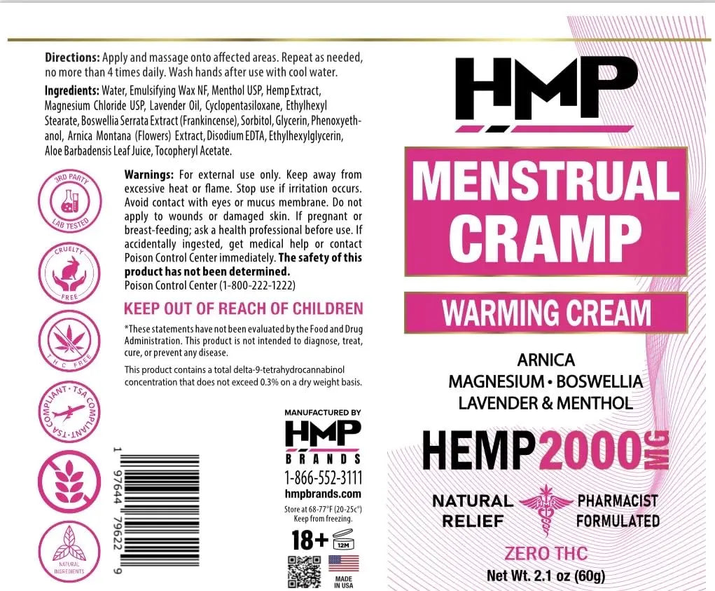 HMP BRANDS Menstrual Cramp Hemp Cream 2000MG with Menthol, Easy to Use, Natural Formula Made in USA 2.1oz HMP BRANDS uk supplements