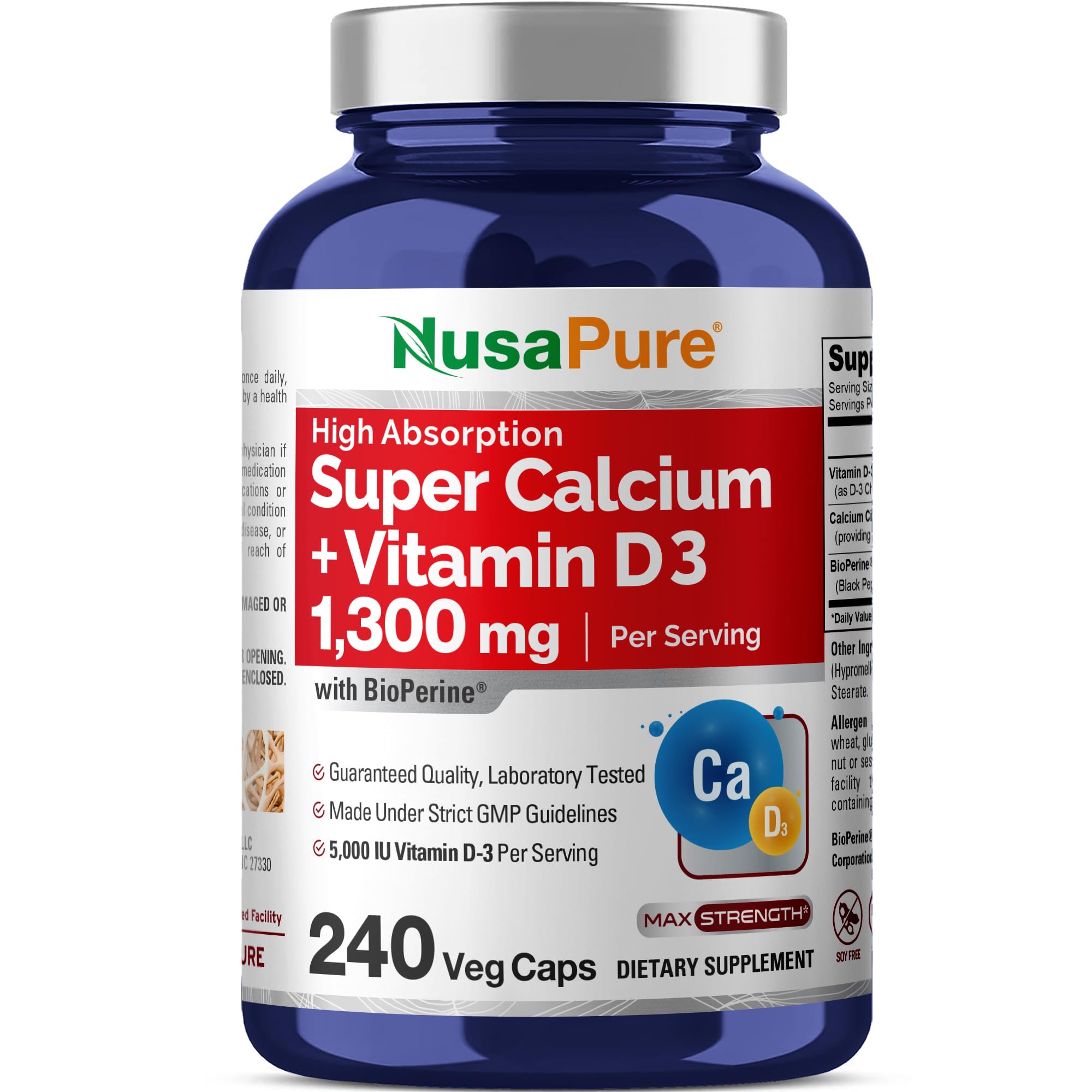 NusaPure Super Calcium with Vitamin D 3 & Calcium Citrate - Suitable for Vegetarian/Vegan, Non - GMO - 1300mg - 240 Capsules NusaPure uk supplements