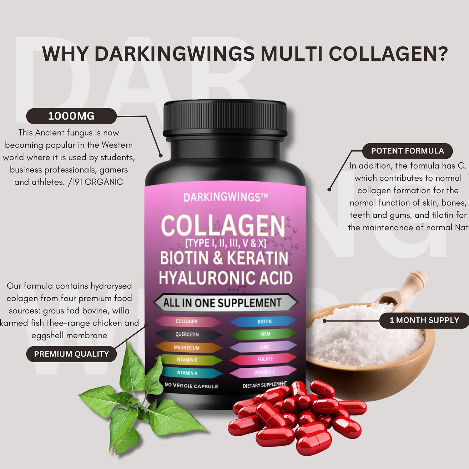 Multi Collagen Pills Peptides Types I, II, III, V & X MCG Biotin Keratin Hyaluronic Acid MSM Vitamin C Zinc Magnesium with Grape Seed Extract, Quercetin - Hair Skin and Nails Vitamins Capsule Darkingwings uk supplements