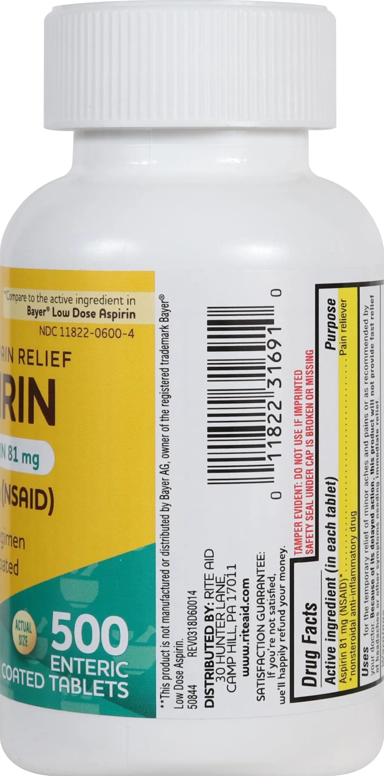 Rite Aid Aspirin Enteric Tablets - 81 mg Aspirin - 500 Count - Low-Dose for Headache Relief - Safety Coated - Aspirin Regimen - Migraine Medicine - Pain Relief Rite Aid uk supplements