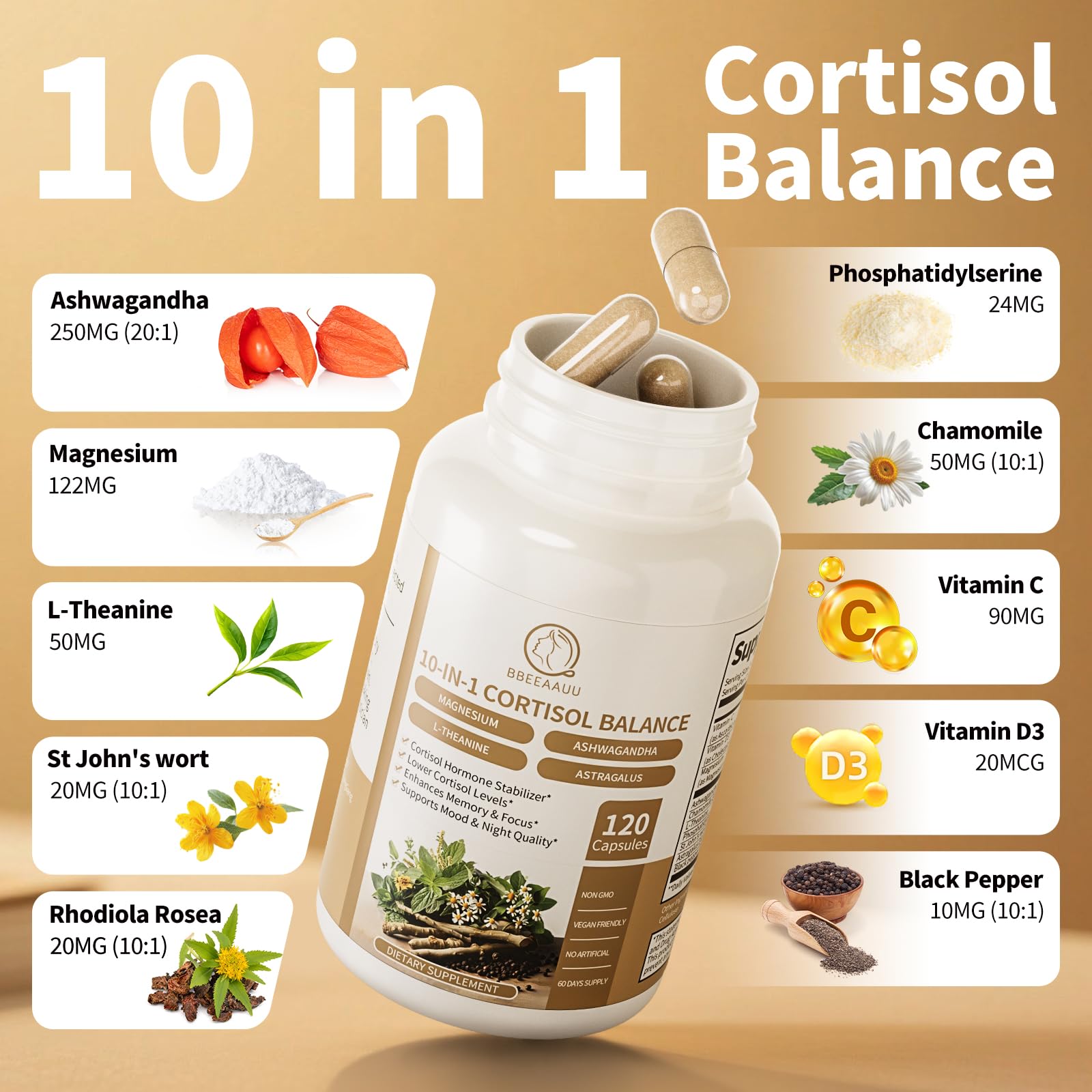 BBEEAAUU Cortisol Supplements for Women & Men - 10-in-1 Cortisol Reducer Manager Detox with Ashwagandha, Magnesium - Lower High Cortisol Levels, Relaxation & Night Support, Non-GMO, 120 Capsules BBEEAAUU uk supplements