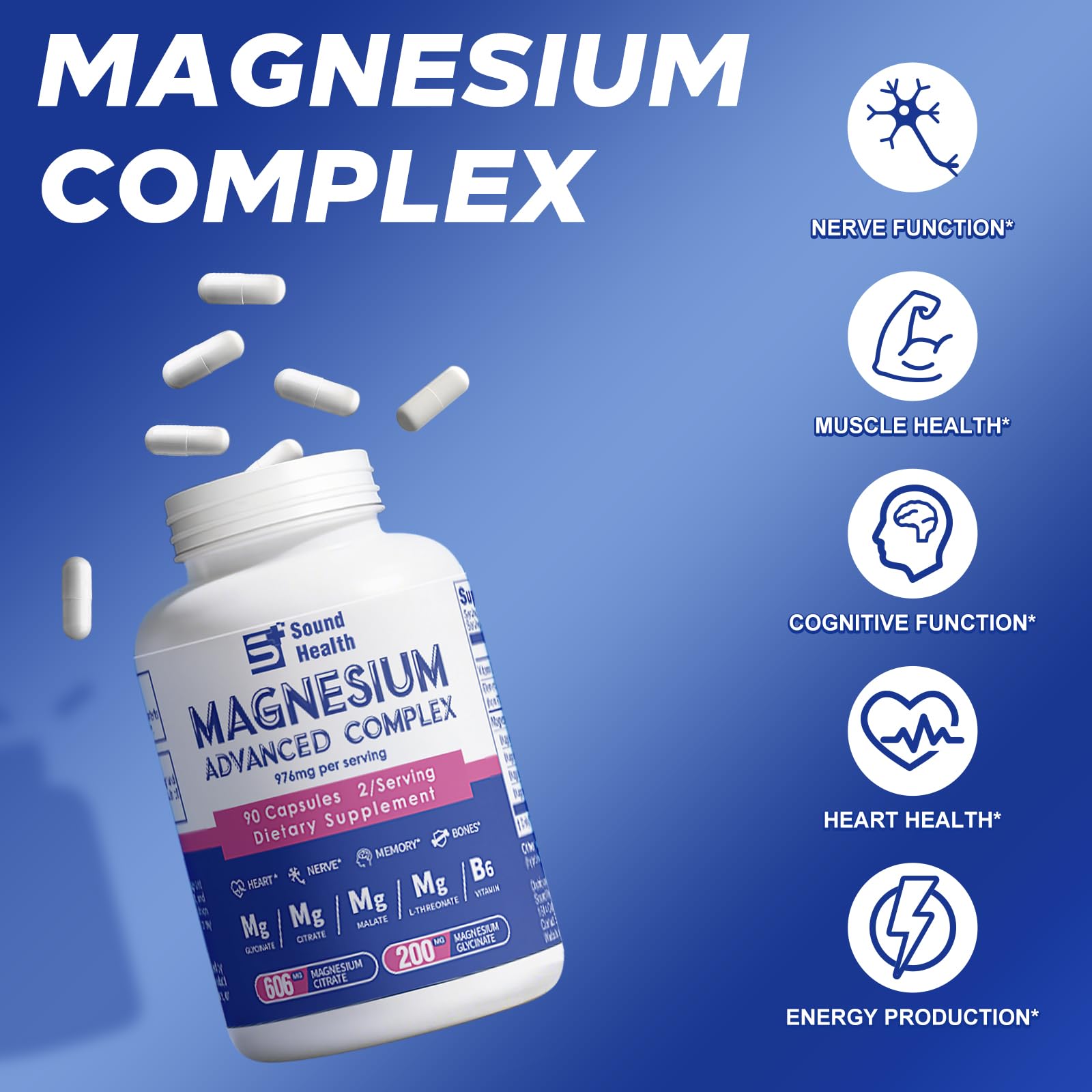 Magnesium Complex Capsule 5 in 1 Magnesium Supplement from Magnesium Glycinate, Citrate, Malate, L-Threonate & Vitamin B6, High Absorption Magnesium Supplement, Non-GMO, Vegan Sound Health Plus uk supplements