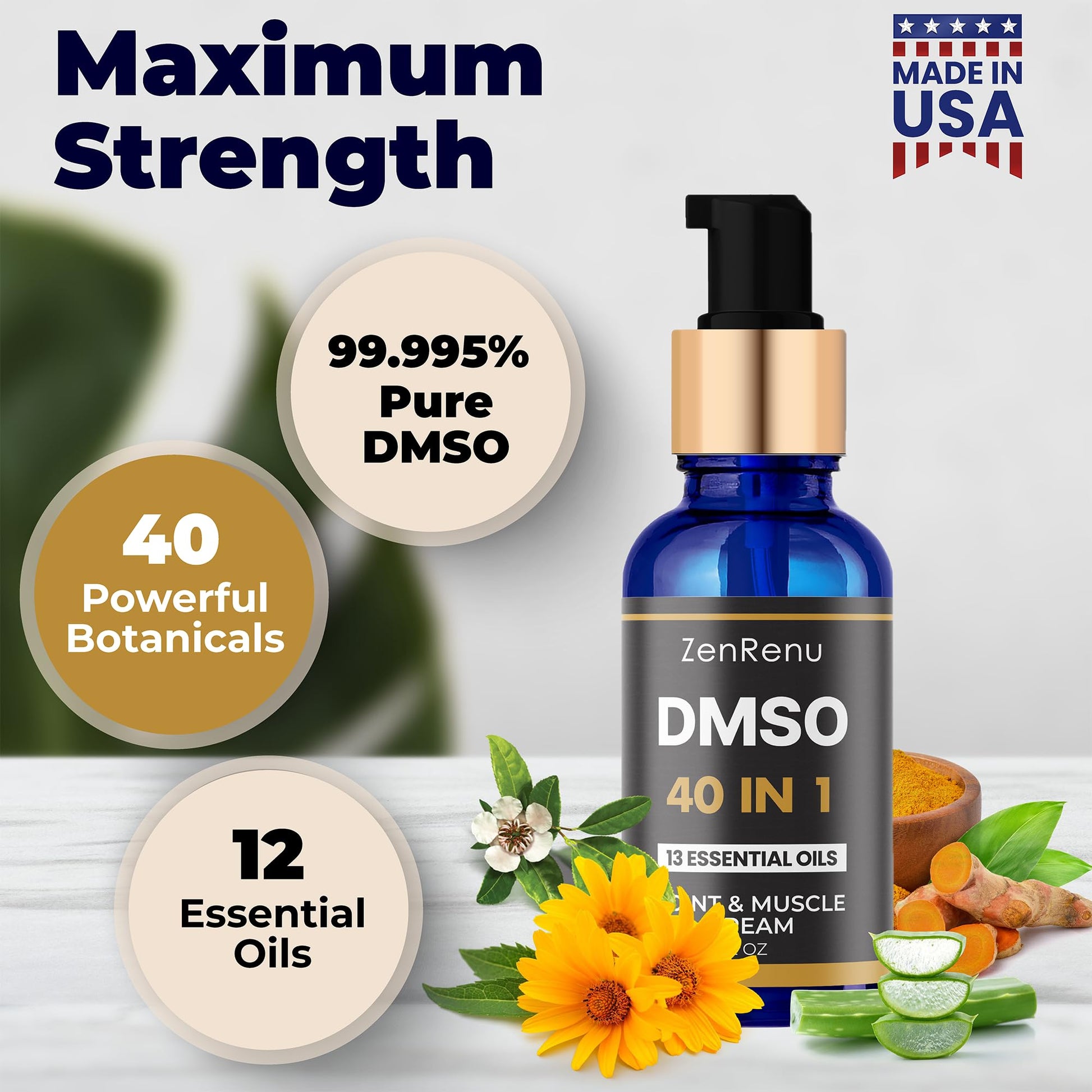 Zenrenu DMSO Cream 99.995% Pure Pharmaceutical Grade - 40-in-1 Advanced Formula -12 Essential Oils, Arnica, Aloe Vera, MSM - Fast-Absorbing Cream – 2 oz Glass Pump Bottle – Made in USA Zenrenu uk supplements