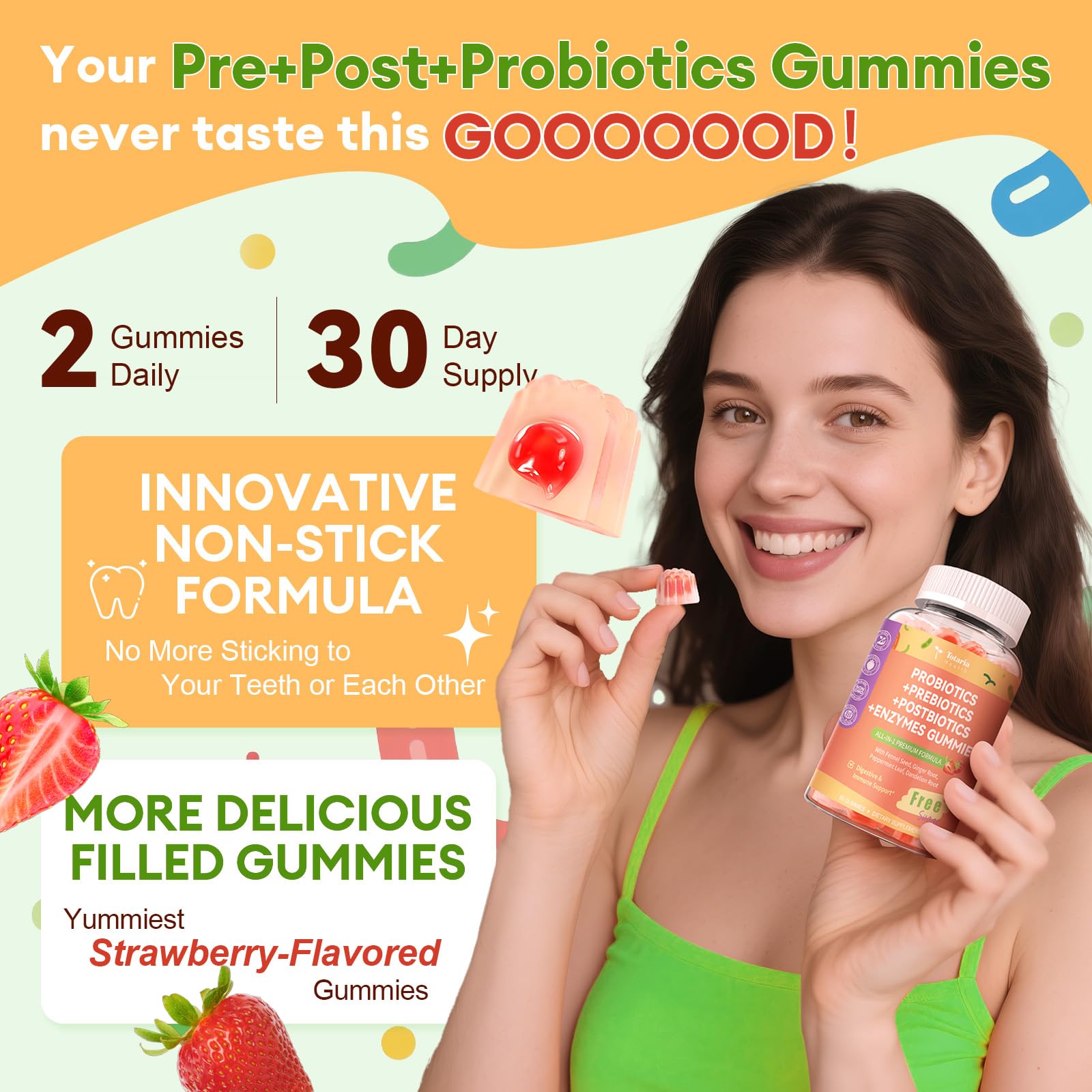 (2 Packs) Totaria Sugar Free 5-in-1 Probiotic Prebiotic Postbiotic Gummy, Probiotics for Women Men with Digestive Enzymes, Peppermint, Complete Immune, Gut & Digestive Support, Vegan Strawberry Flavor Totaria uk supplements