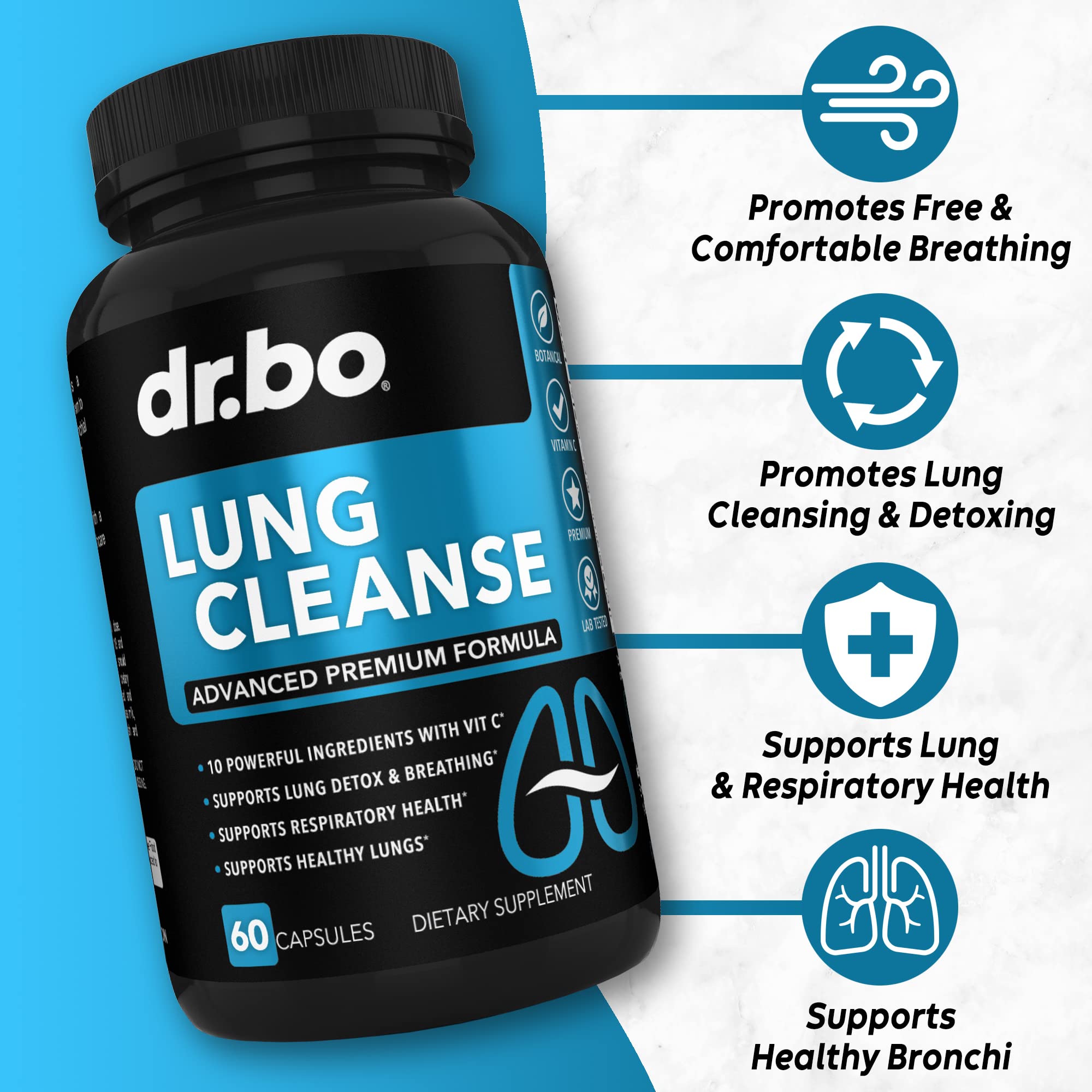Lung Cleanse Support Supplement - Respiratory Supplements to Quit & Stop Smoking Aids - Herbal Detox for Lungs & Bronchial Health - Smokers Cleanser Breathe Aid for Mucus Clear Relief - 60 Capsules DR. BO uk supplements
