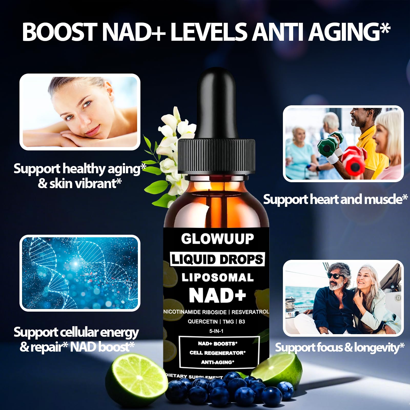 NAD Supplements for Women & Men, Liposomal NAD Nicotinamide Riboside Resveratrol 900mg w. B3 Vitamin Quercetin TMG, Liquid Resveratrol NAD Plus Supplement for Anti-Aging Energy Focus Longevity GLOWUUP uk supplements