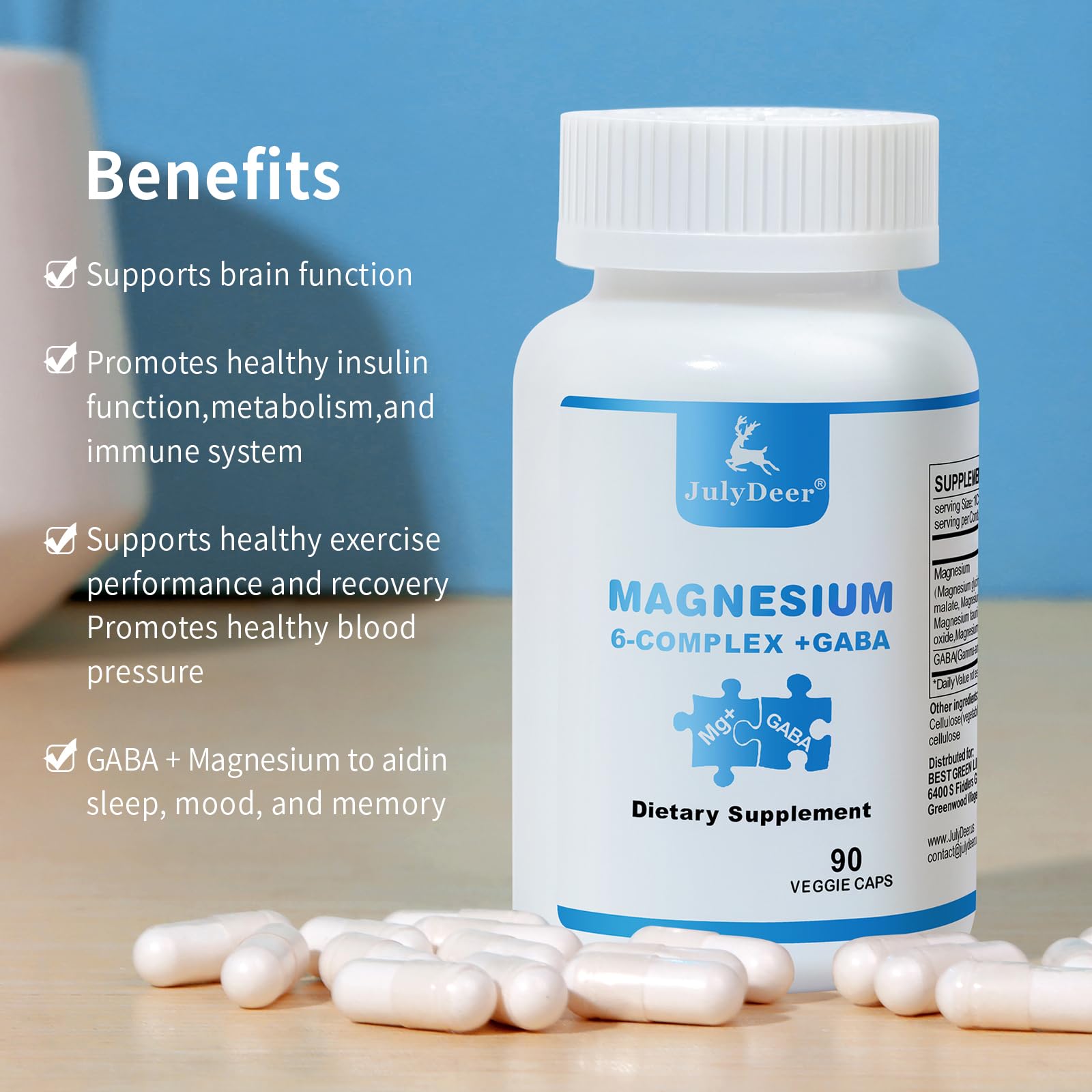 JulyDeer Sixfold Magnesium Complex | 350mg of Magnesium Glycinate, Malate, Citrate, Taurine, Oxide, Mg+ for Muscles,Nerves,& Energy, GABA Sleep Support | High Absorption | Vegan | 90 Capsules Risabou uk supplements