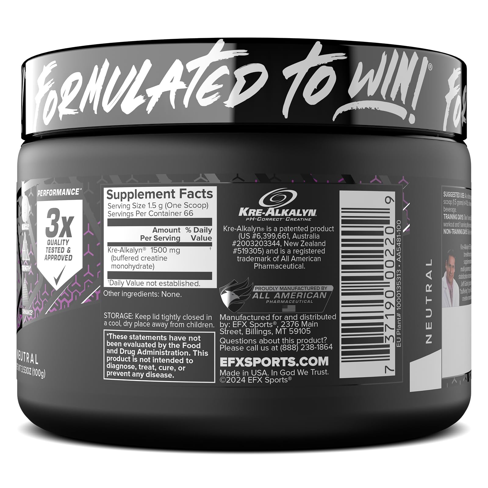 EFX Sports Kre-Alkalyn EFX Powder | pH Correct Creatine Monohydrate Powder Supplement | Strength, Muscle Growth & Performance | 66 Servings (Unflavored) EFX Sports uk supplements