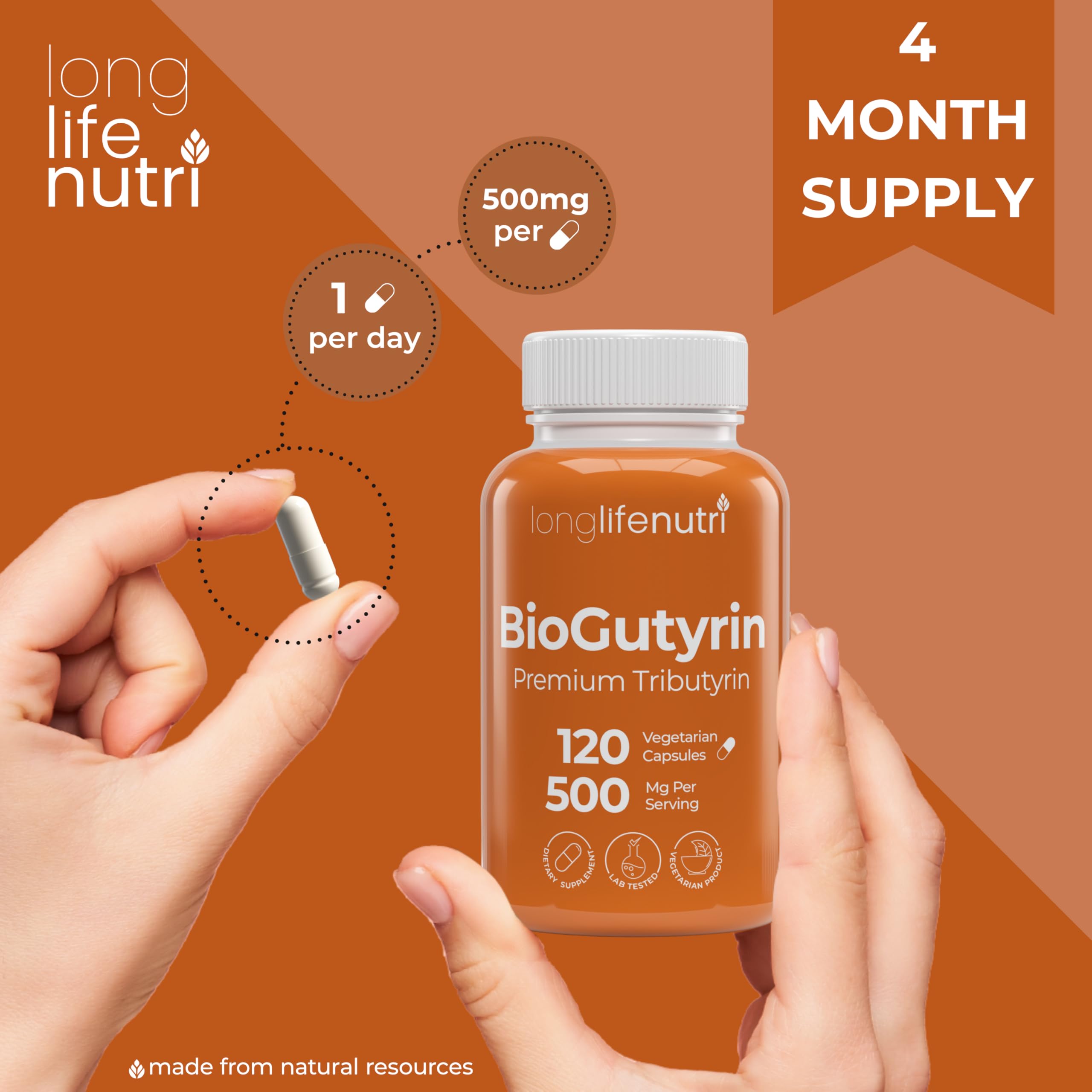 BioGutyrin – Tributyrin 500mg, Postbiotic Supplement for Gut Function & Nutrient Absorption, 120 Vegetarian Capsules, Butyric Acid for Butyrate Production, 4-Month Supply, GMP Certified, Made in USA LongLifeNutri uk supplements