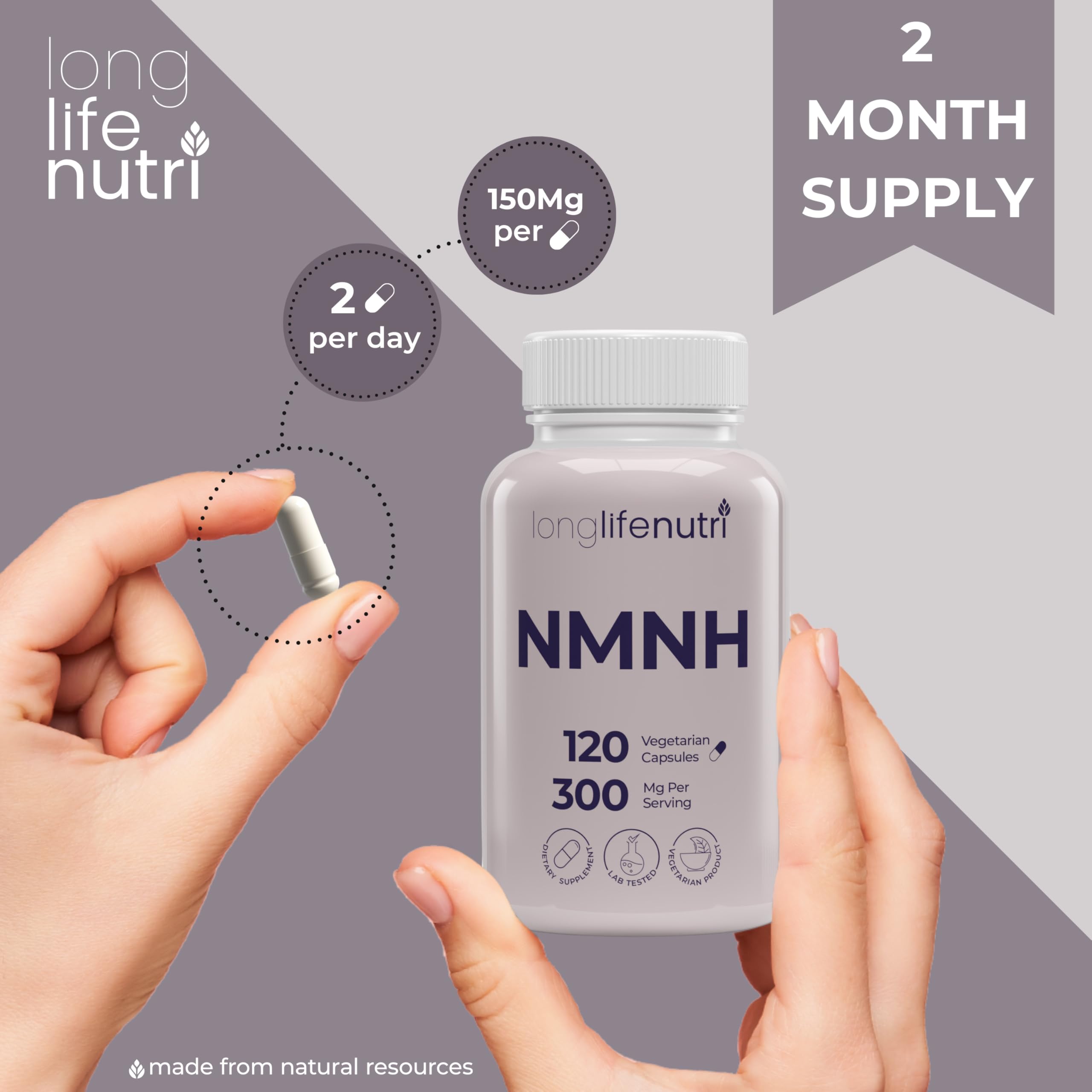 LongLifeNutri NMNH 300mg (Dihydronicotinamide Mononucleotide) - 120 Vegan Capsules, 2-Month Supply, NMN Alternative, NAD Supplement for Energy & Longevity, Lab Tested, Made in USA LongLifeNutri uk supplements
