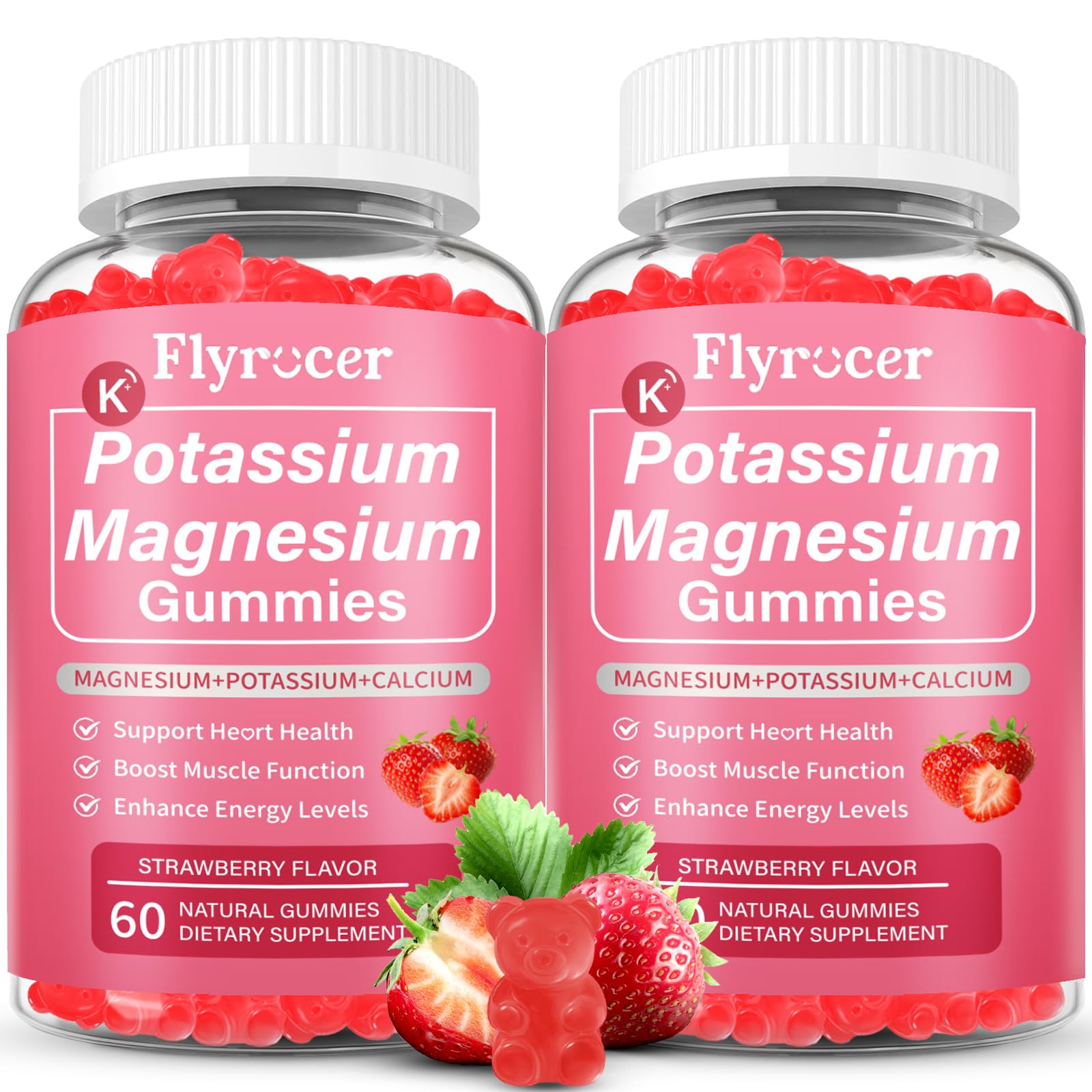 2 Pack Potassium Magnesium Gummies for Men & Women, Potassium Magnesium Supplement for Leg Cramps, Muscle Health, & Electrolyte Balance, Strawberry Flavor, 120 Gummies Flyrocer uk supplements