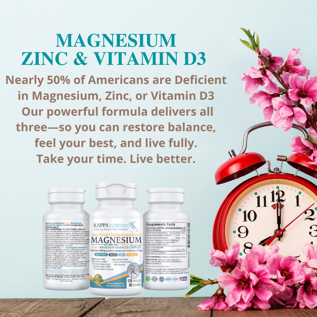 Kappa Nutrition Magnesium 4-in-1, 280mg Elemental Magnesium (Bisglycinate, Malate) + Zinc & Vitamin D3, Brain, Sleep, Energy, Muscle, Immune Support, 120 Vegan Capsules. KAPPA NUTRITION uk supplements