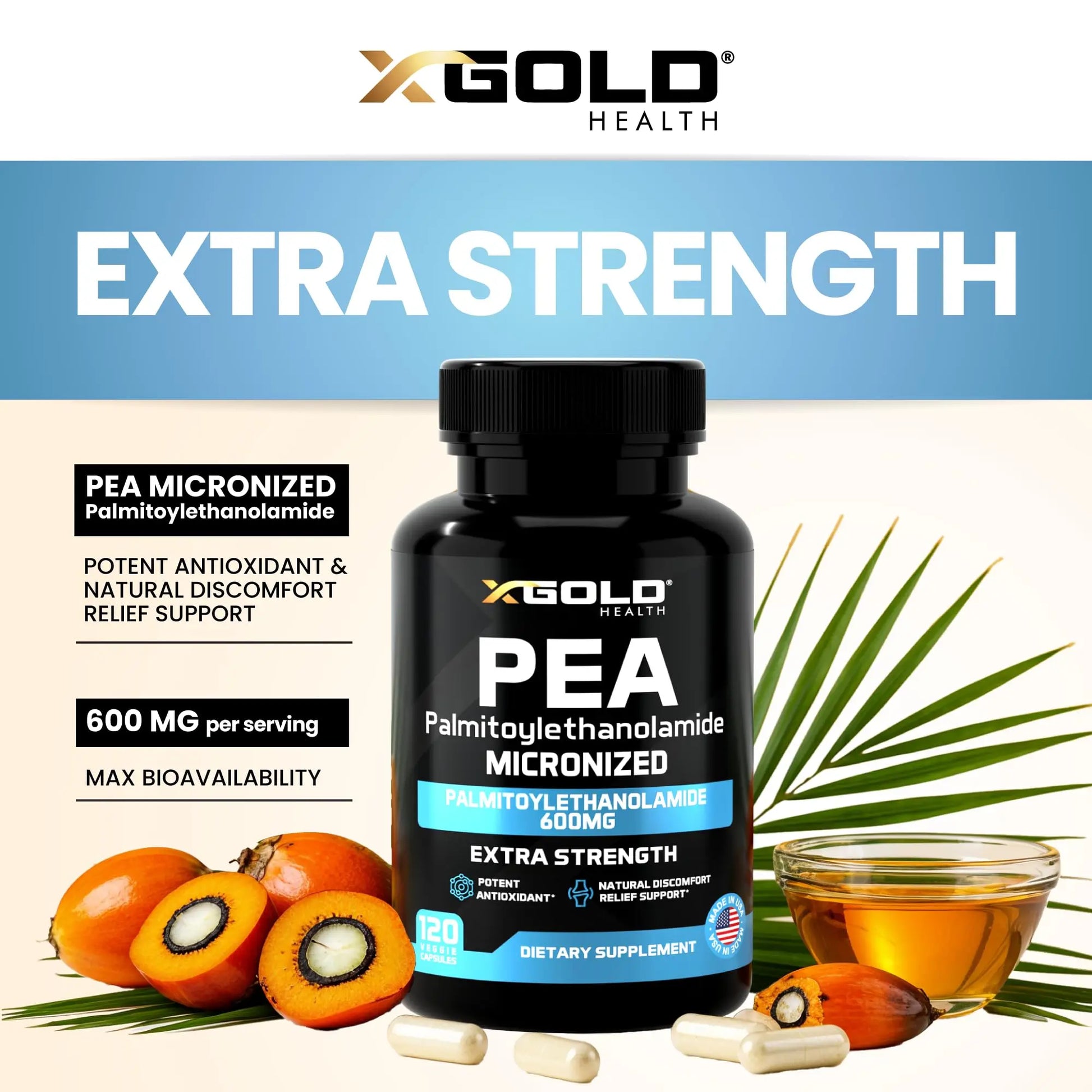 Palmitoylethanolamide Pea Supplement 600 mg | Micronized Pea 99% Highly Purified and Bioavailable | Made in USA | Supplement for Men and Women - 120 Capsules X Gold Health uk supplements