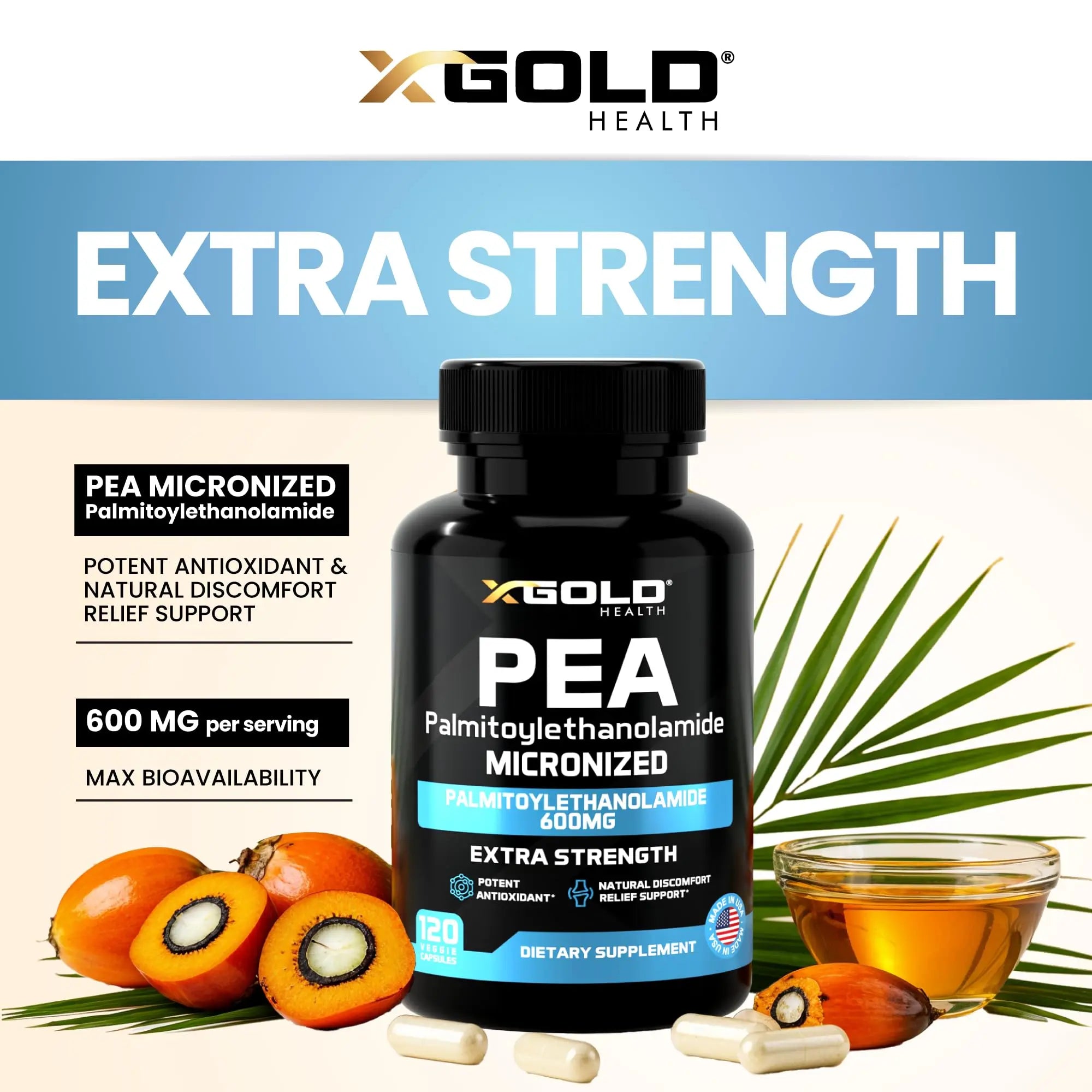 Palmitoylethanolamide Pea Supplement 600 mg | Micronized Pea 99% Highly Purified and Bioavailable | Made in USA | Supplement for Men and Women - 120 Capsules X Gold Health uk supplements