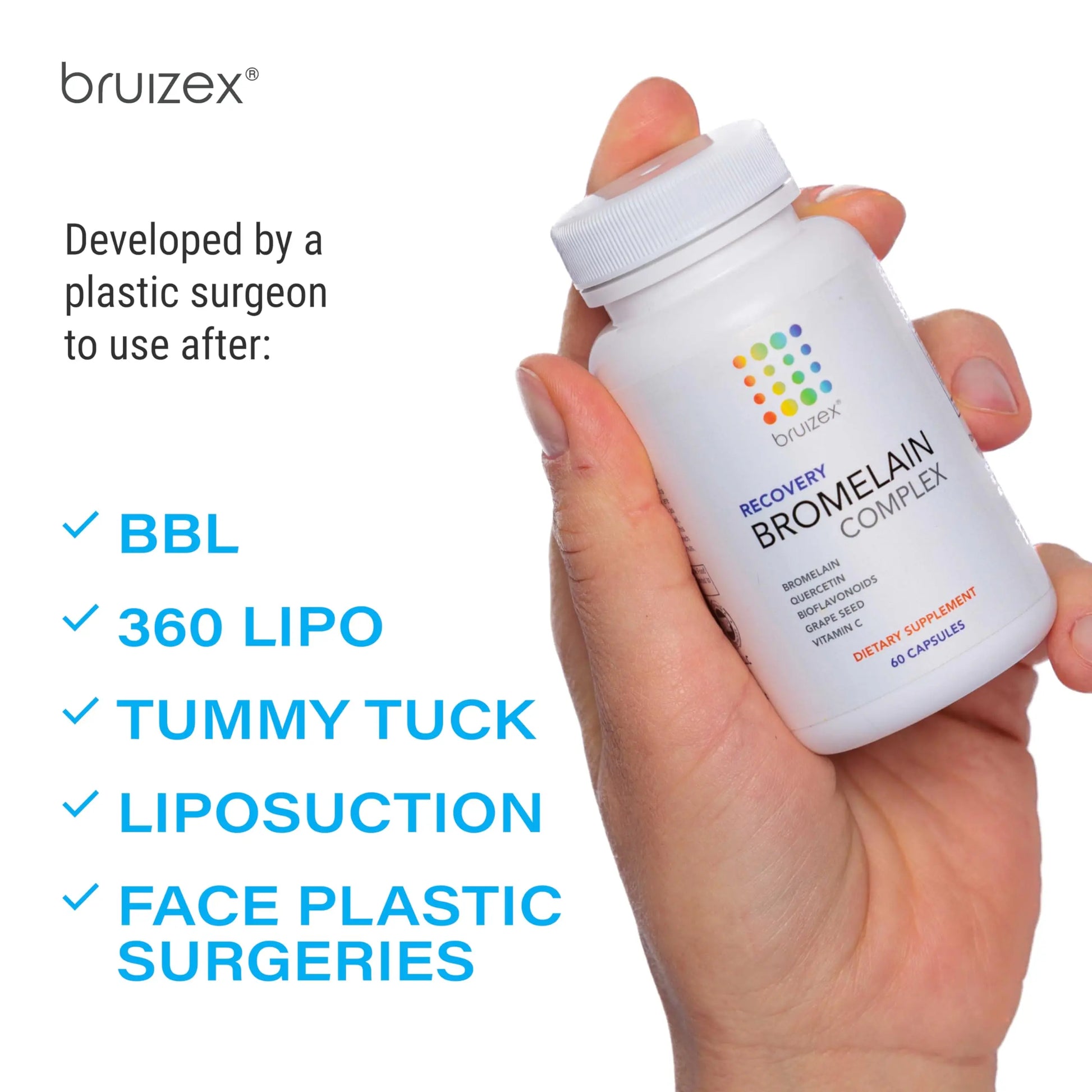 Bruizex Bromelain & Quercetin Recovery Complex - Post Surgery Recovery Bruising, Swelling Relief, Lymphatic Drainage - Post 360 lipo, BBL, Liposuction, Tummy Tuck - Non GMO - 60 Capsules Bruizex uk supplements