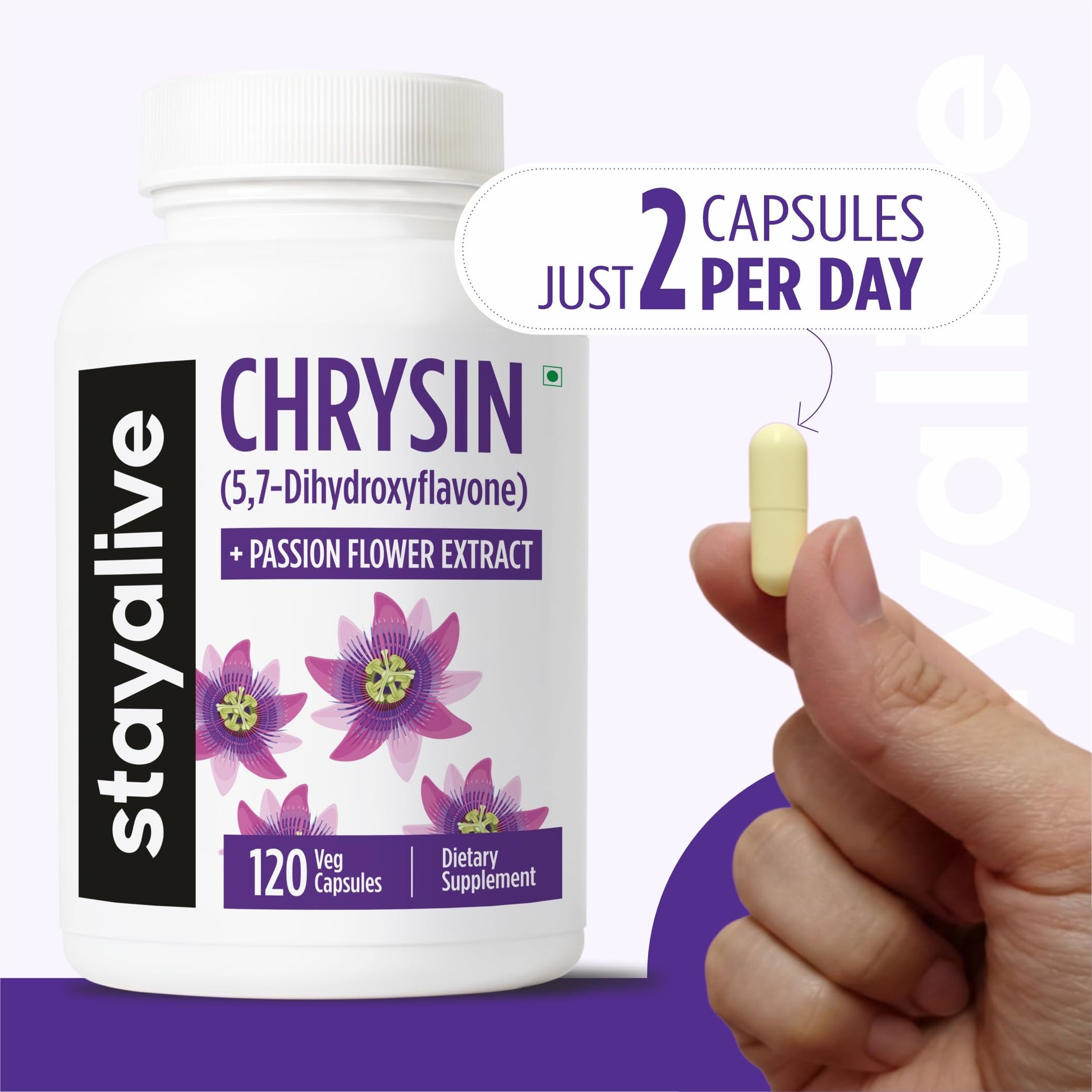 STAY ALIVE Chrysin Supplement 500mg & Passion Flower Extract Powder, 5,7-Dihydroxyflavone, Non-GMO and Gluten-Free Chrysin for Men and Women, 120 Capsules STAY ALIVE uk supplements