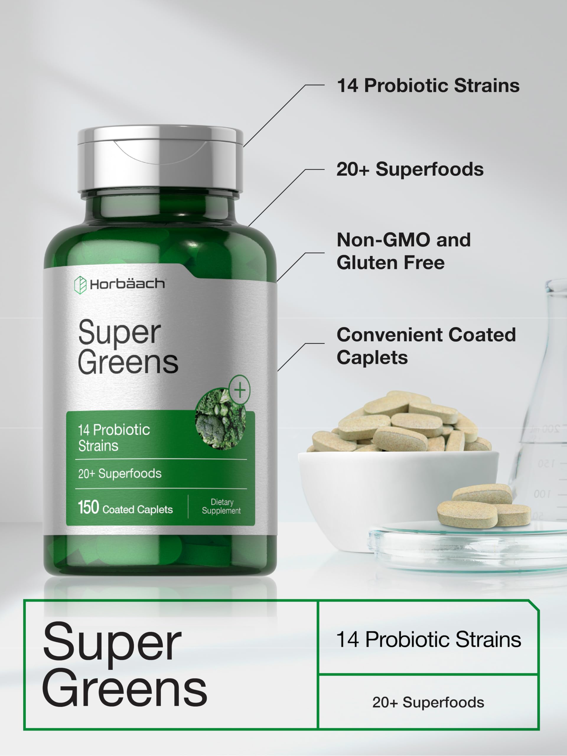 Horbäach Super Greens Supplement with Probiotics | 150 Caplets | Non-GMO, and Gluten Free Horbäach uk supplements