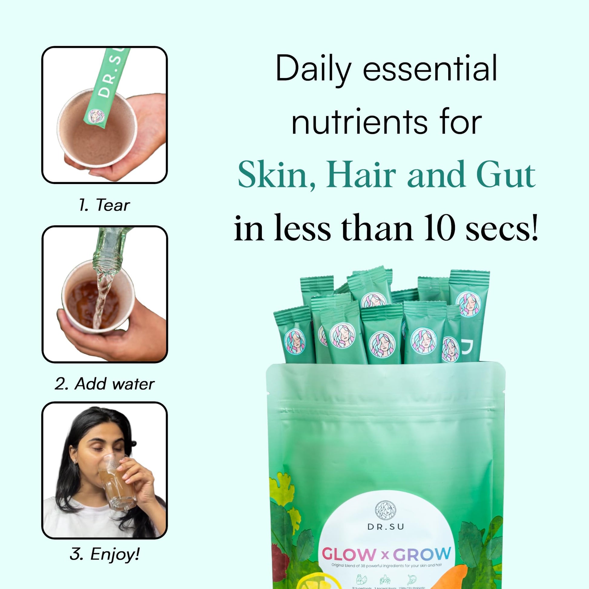 Dr.Su 6-in-1 Supplement Powder | Clear Skin, Strong Hair & Healthy Gut | with Vitamins, Minerals, Antioxidants, Probiotics, Fiber & Adaptogens | Lemon Mint | Sugar-Free | 30 Sachets | Unisex Dr.Su uk supplements
