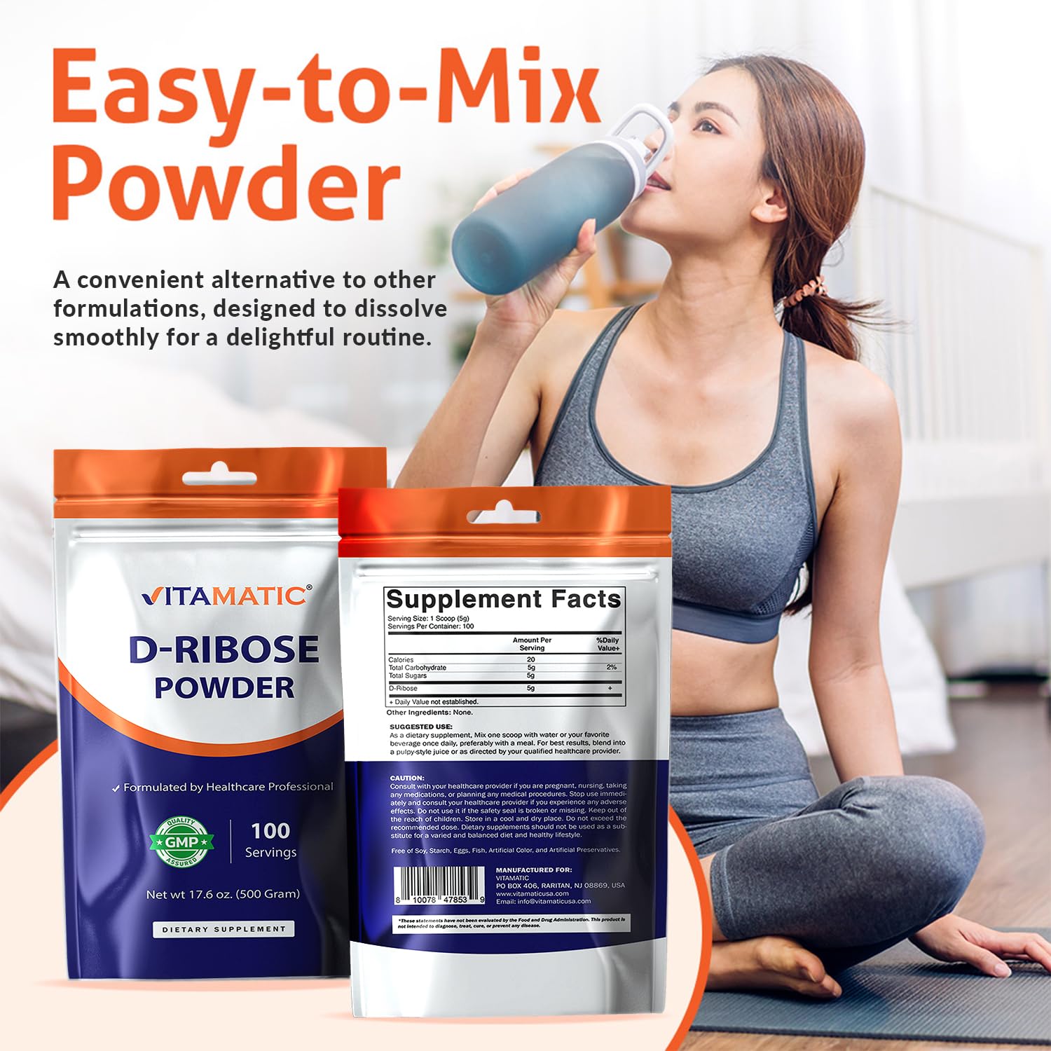 Vitamatic D-Ribose Powder 500g - 17.6 OZ (500 Gram) | Pure & Unflavored | Non-GMO | Easy-Mix Dietary Supplement Vitamatic uk supplements